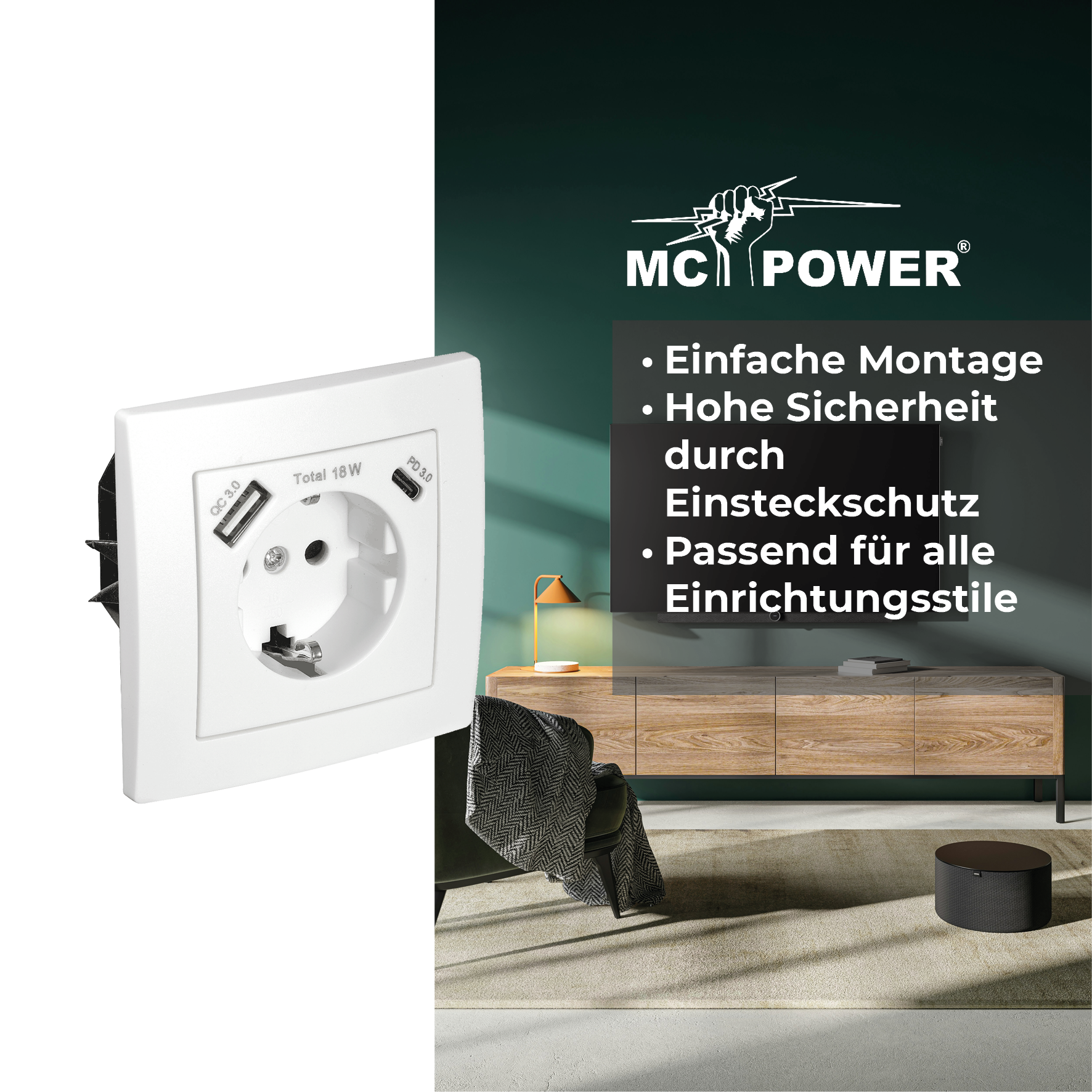Eine weiße Steckdose mit zwei USB-Anschlüssen befindet sich an einer Wand. Text beschreibt die Funktionen neben einer Wohnzimmerszene.
