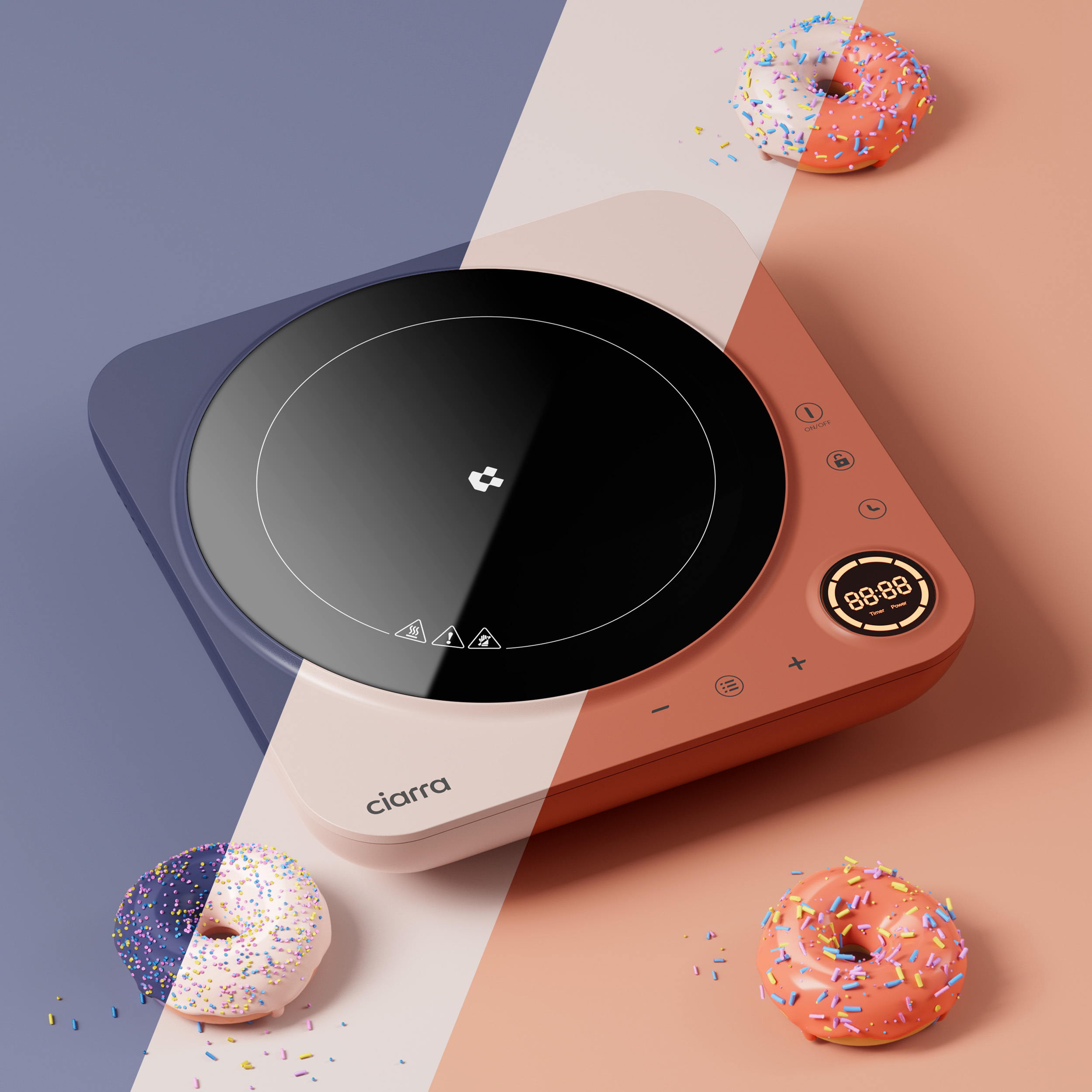 Ein Induktionskochfeld mit Donuts auf farbigem Hintergrund.