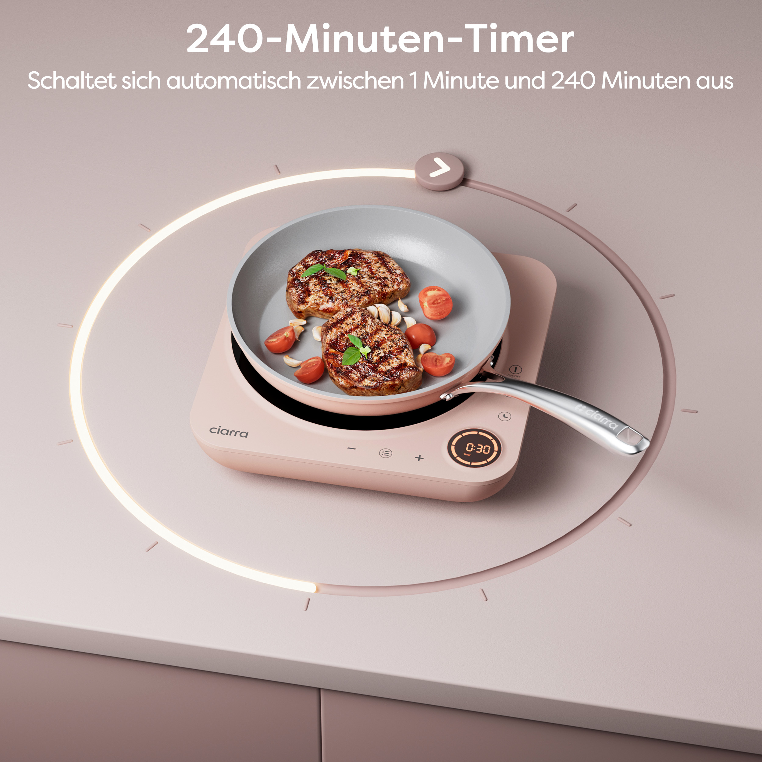 Rosa Kochgerät mit einer Pfanne mit Essen, Timer-Anzeige.