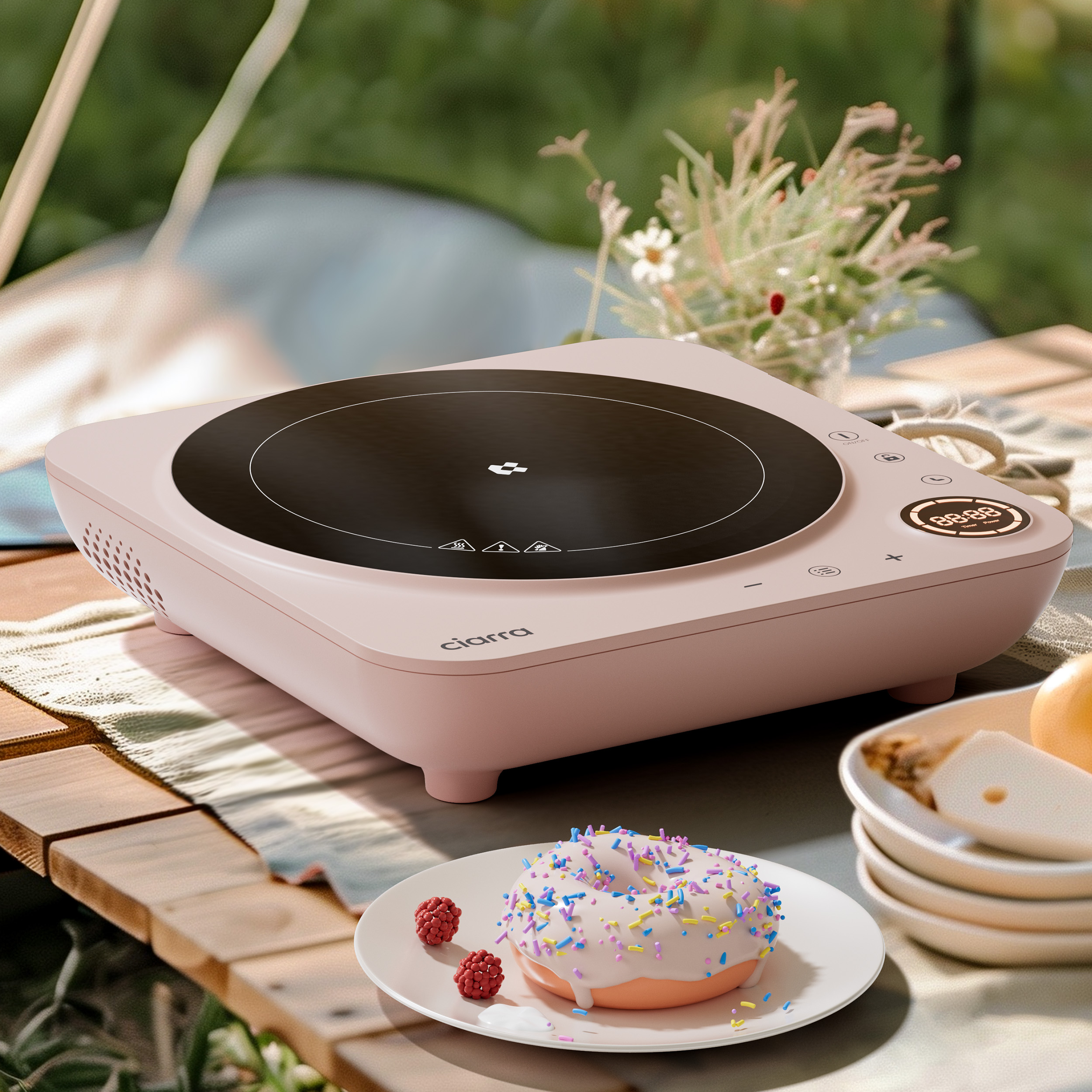 Rosa Induktionskochfeld mit Donut, Himbeeren und weißem Tischset im Freien.