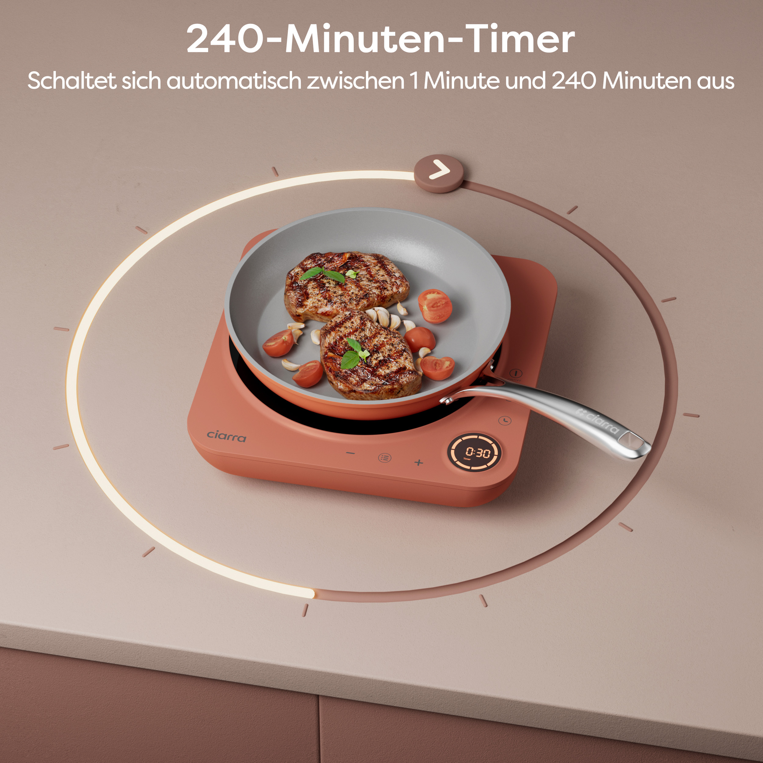 Eine Pfanne mit Essen auf einem Kochfeld. Der Timer zeigt 0:30.