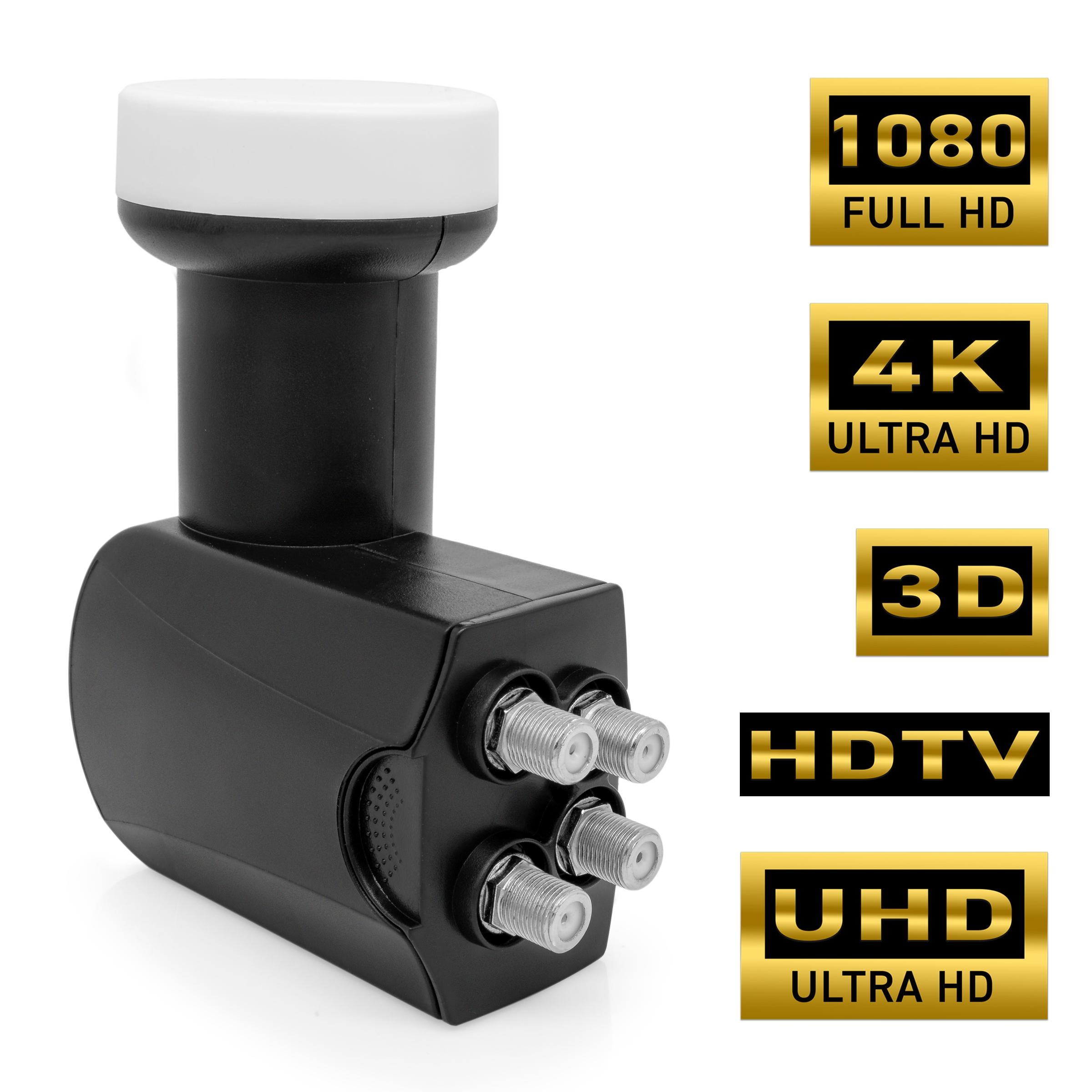 Ein schwarzer Satellitenempfänger mit Anschlüssen und Etiketten für HD und Ultra HD.