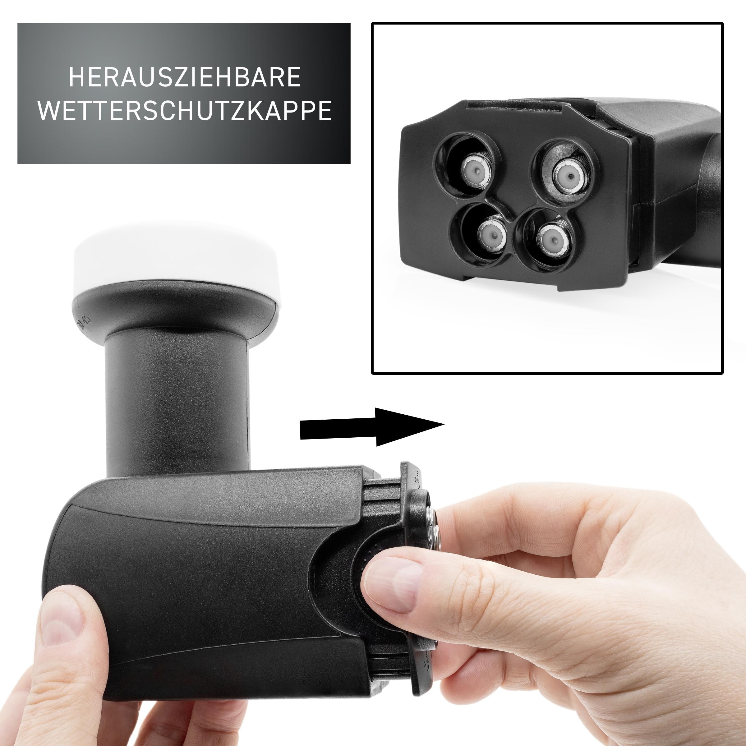 Nahaufnahme eines Satellitenempfängers, bei dem eine abnehmbare Wetterschutzkappe geöffnet wird.