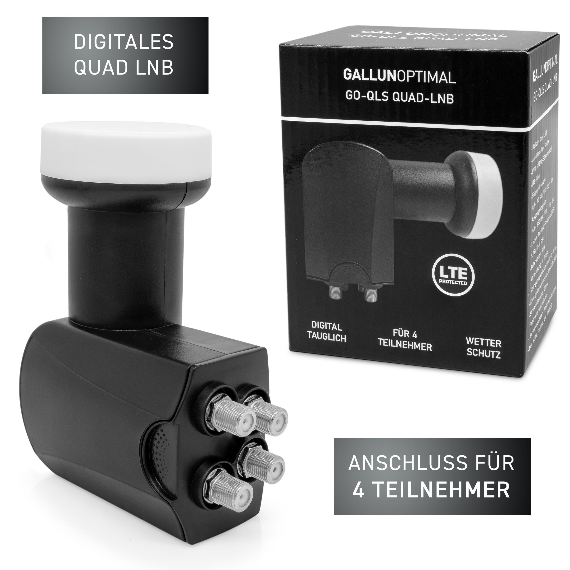 Schwarzes digitales Quad-LNB, weiße Spitze und Box mit Text.