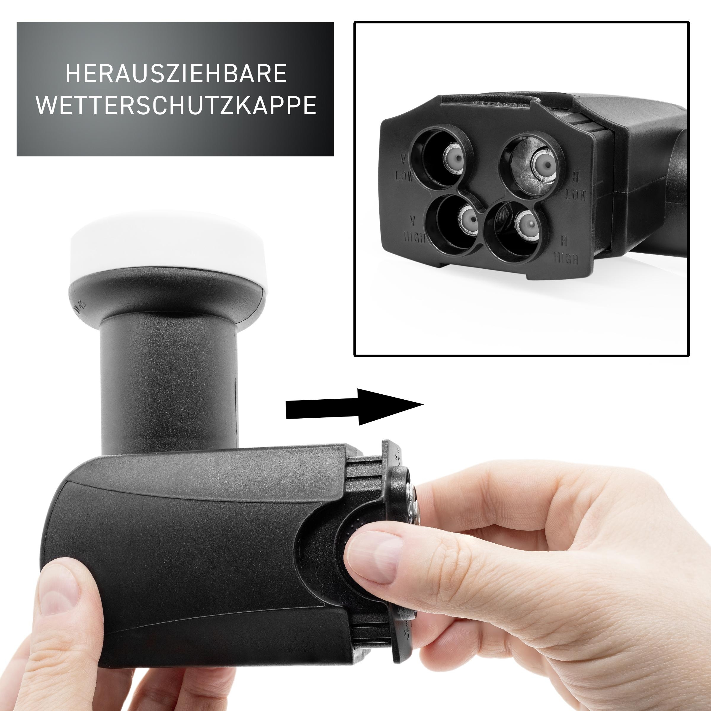 Ein schwarzes LNB mit abnehmbarer Wetterschutzkappe. Hände sind abgebildet.