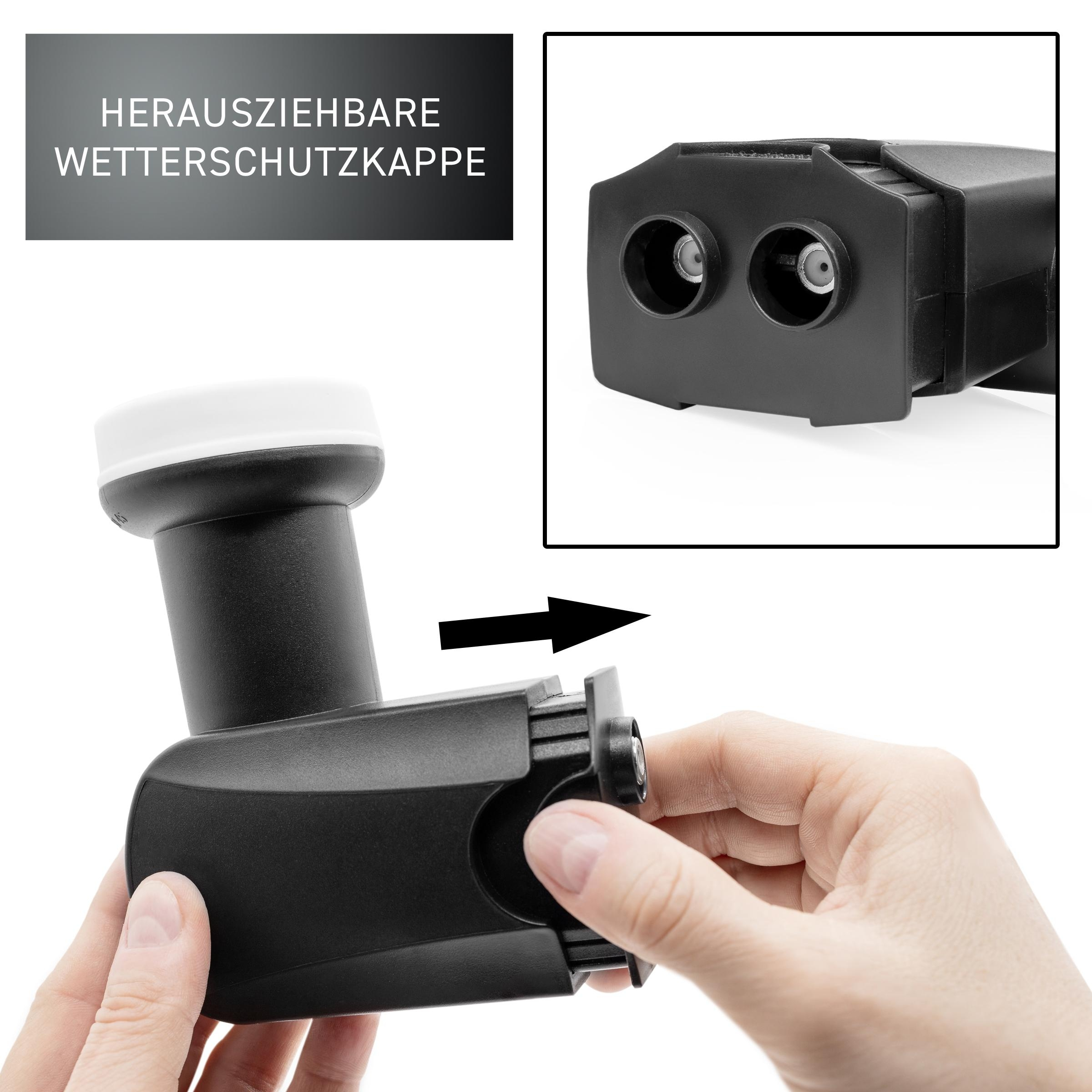 Schwarzer Satellitenempfänger mit abnehmbarer Wetterschutzkappe. Hand entfernt Kappe, um Anschlüsse freizulegen.