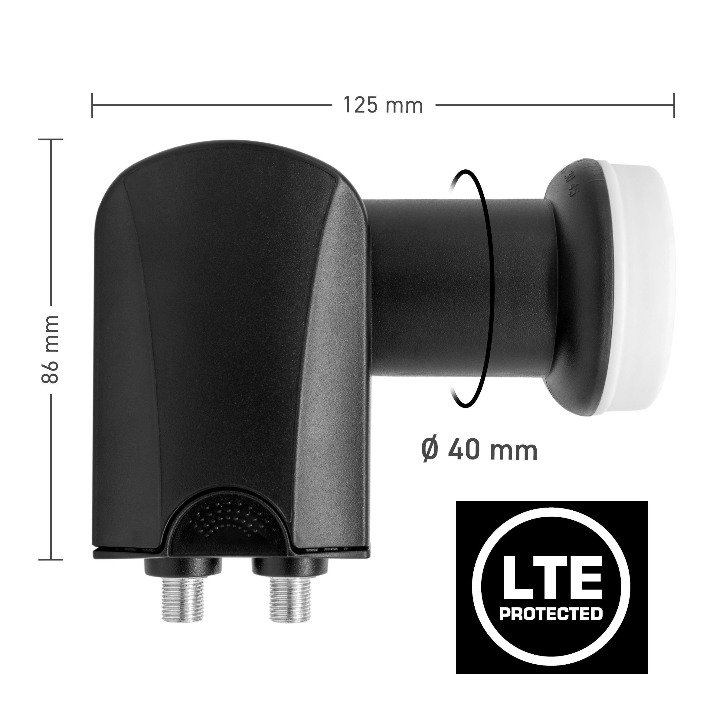 Schwarzes Satelliten-LNB mit Maßen und LTE-Schutzlogo.