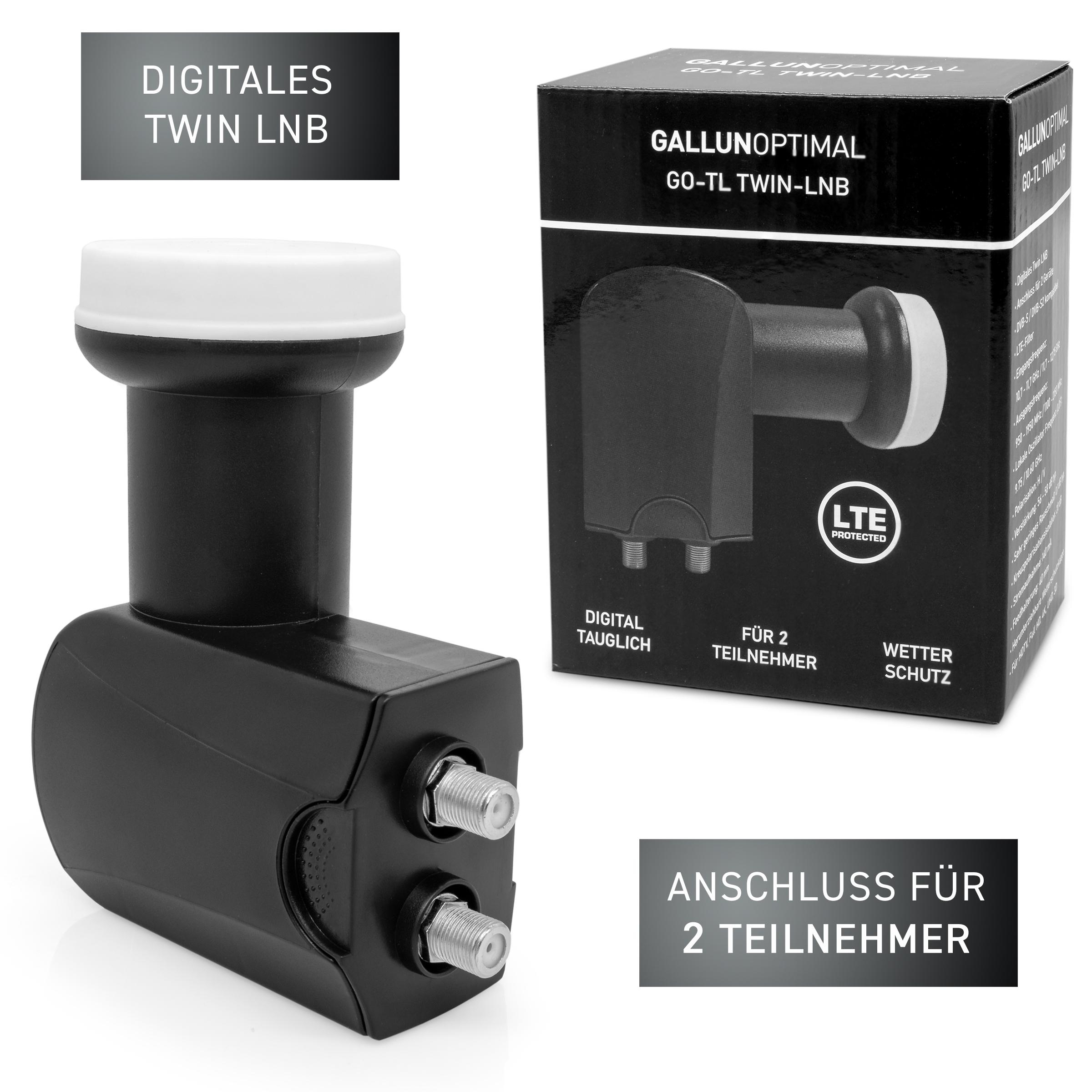 Ein schwarz-weißer Satellitenempfänger mit 2 Eingängen, neben einer Box.
