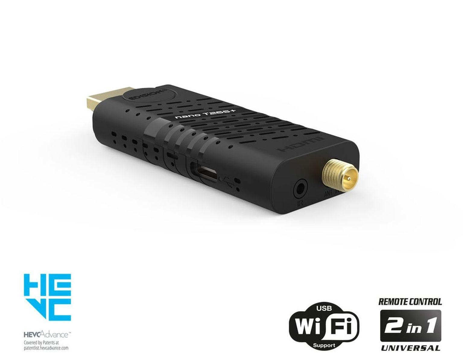 Ein schwarzer HDMI-Dongle mit mehreren Anschlüssen und Etiketten auf weißem Untergrund.
