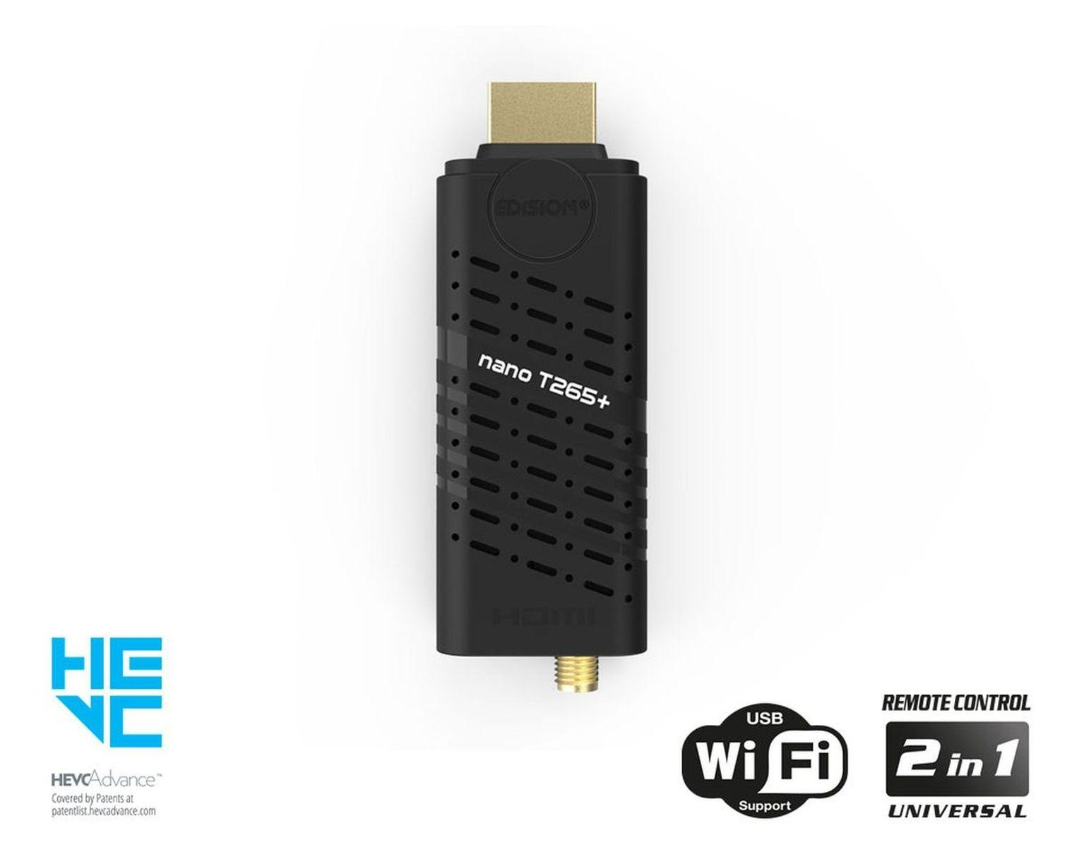 Schwarzer HDMI-Dongle mit der Aufschrift "nano T265+". Er hat einen USB-Anschluss und das Wort "Wi-Fi".