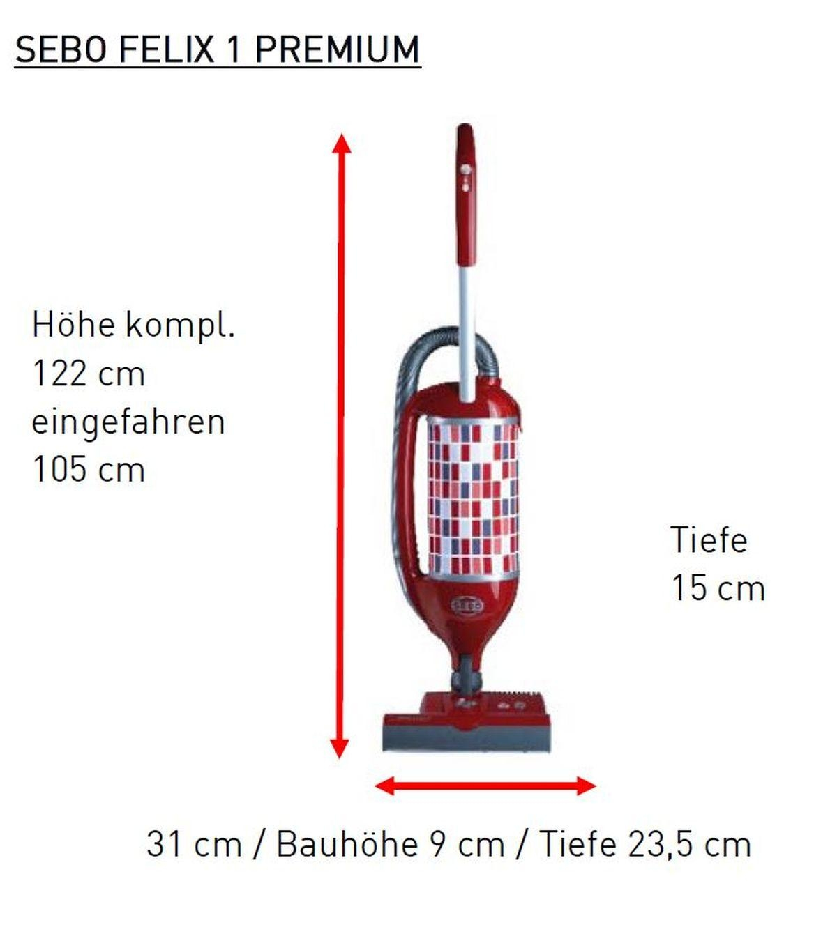 Ein rot-weißer Staubsauger mit Abmessungen. Das Modell ist SEBO FELIX 1 PREMIUM.
