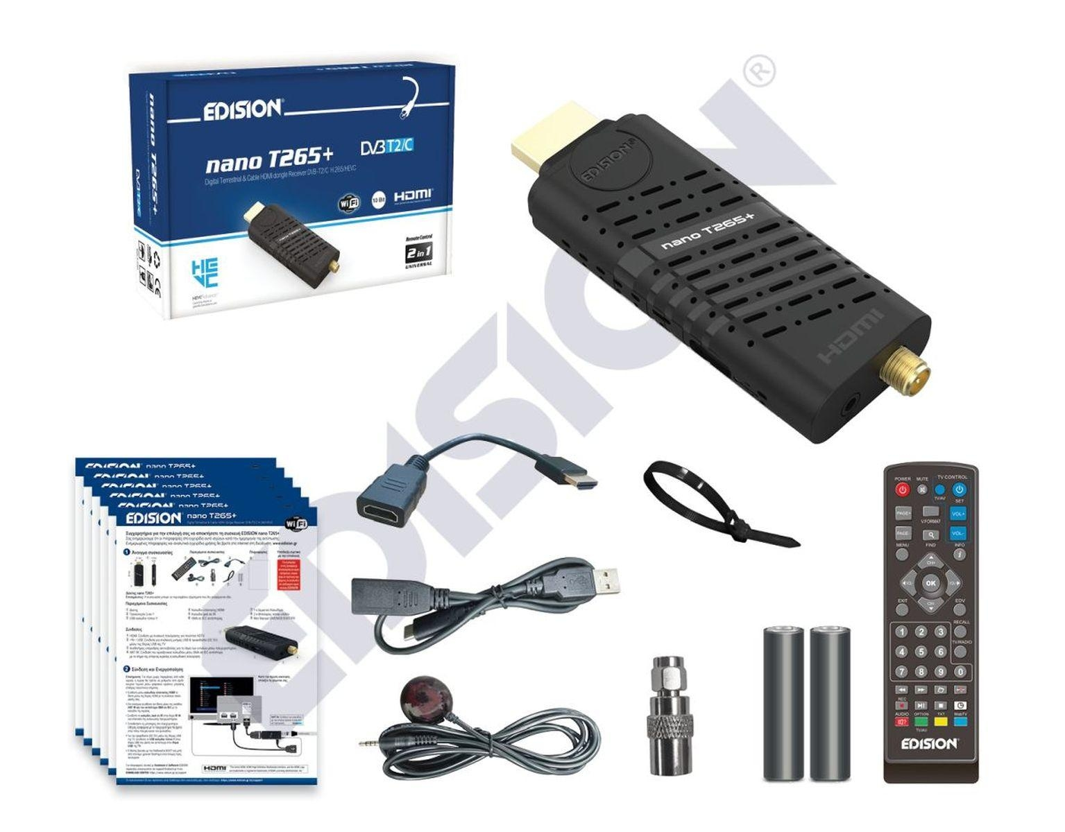 Mehrere Artikel für digitales Fernsehen, darunter ein schwarzer Receiver, Kabel und Fernbedienung.