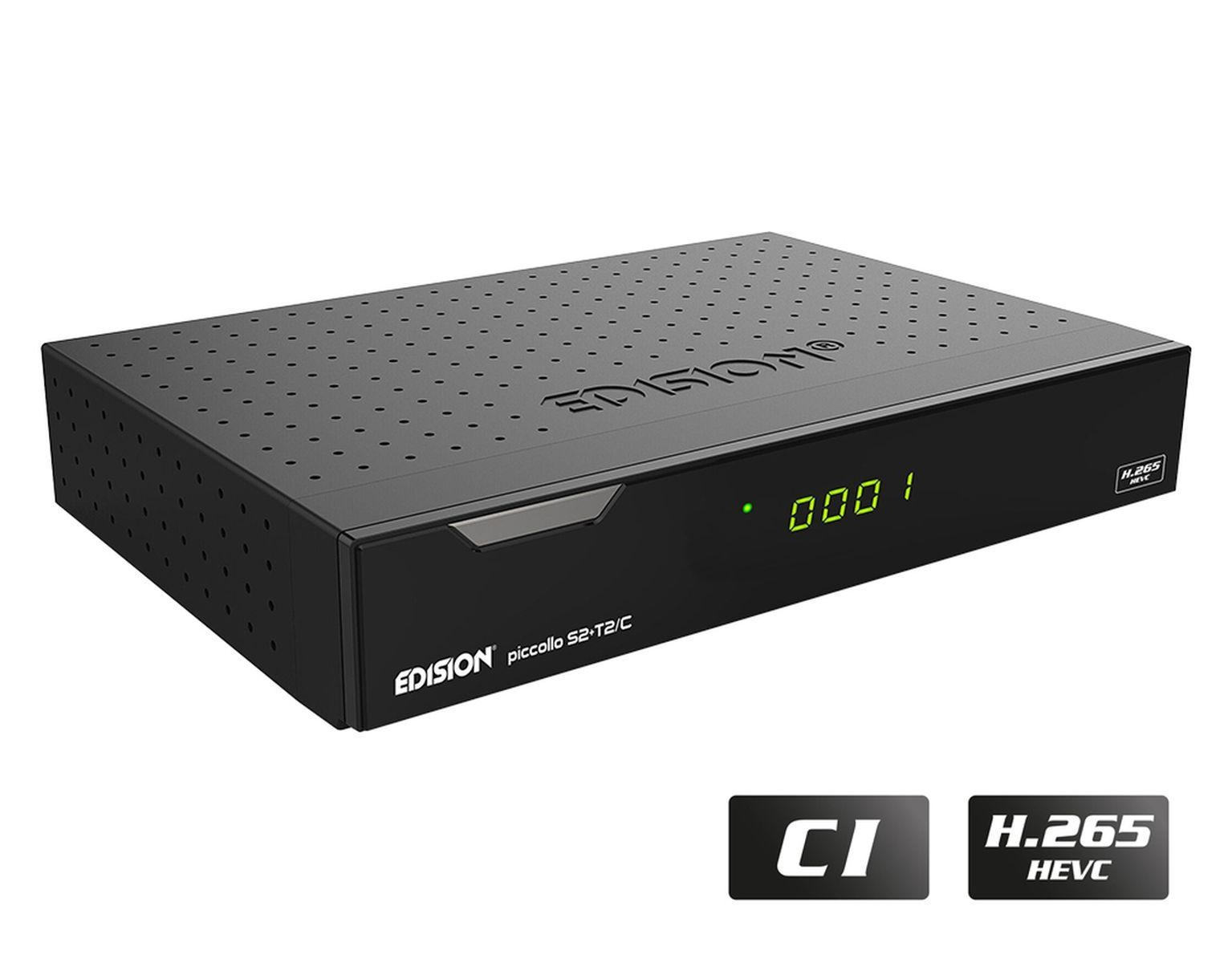 Schwarzer Digitalreceiver mit 'EDISION', Bildschirm zeigt '0001' und zwei Logos.
