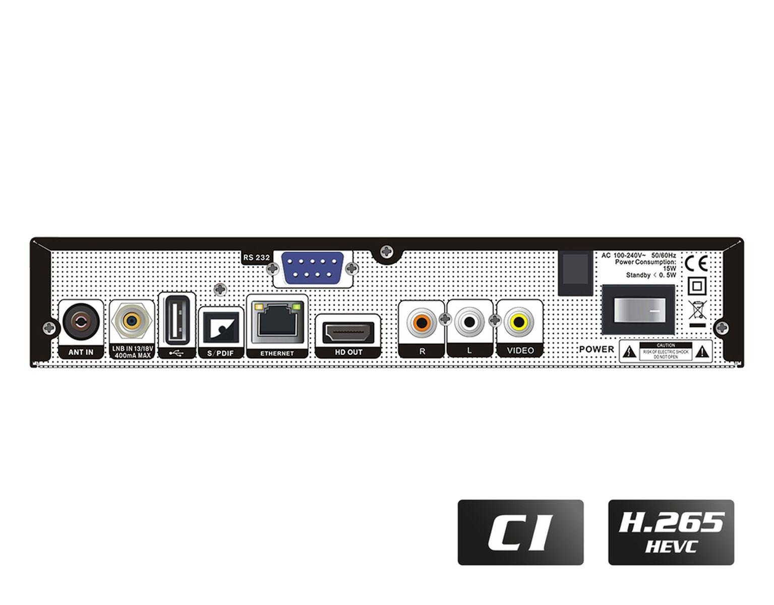Rückseite eines Receivers mit mehreren Anschlüssen. Enthält Antennen-, HDMI- und Ethernet-Anschlüsse.