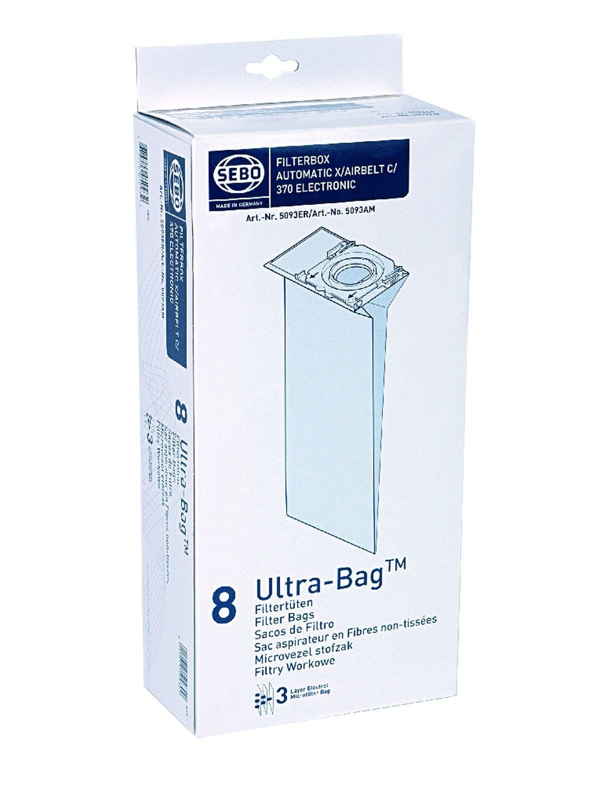 Eine weiße Schachtel mit 8 Sebo Ultra-Bag Filterbeuteln.