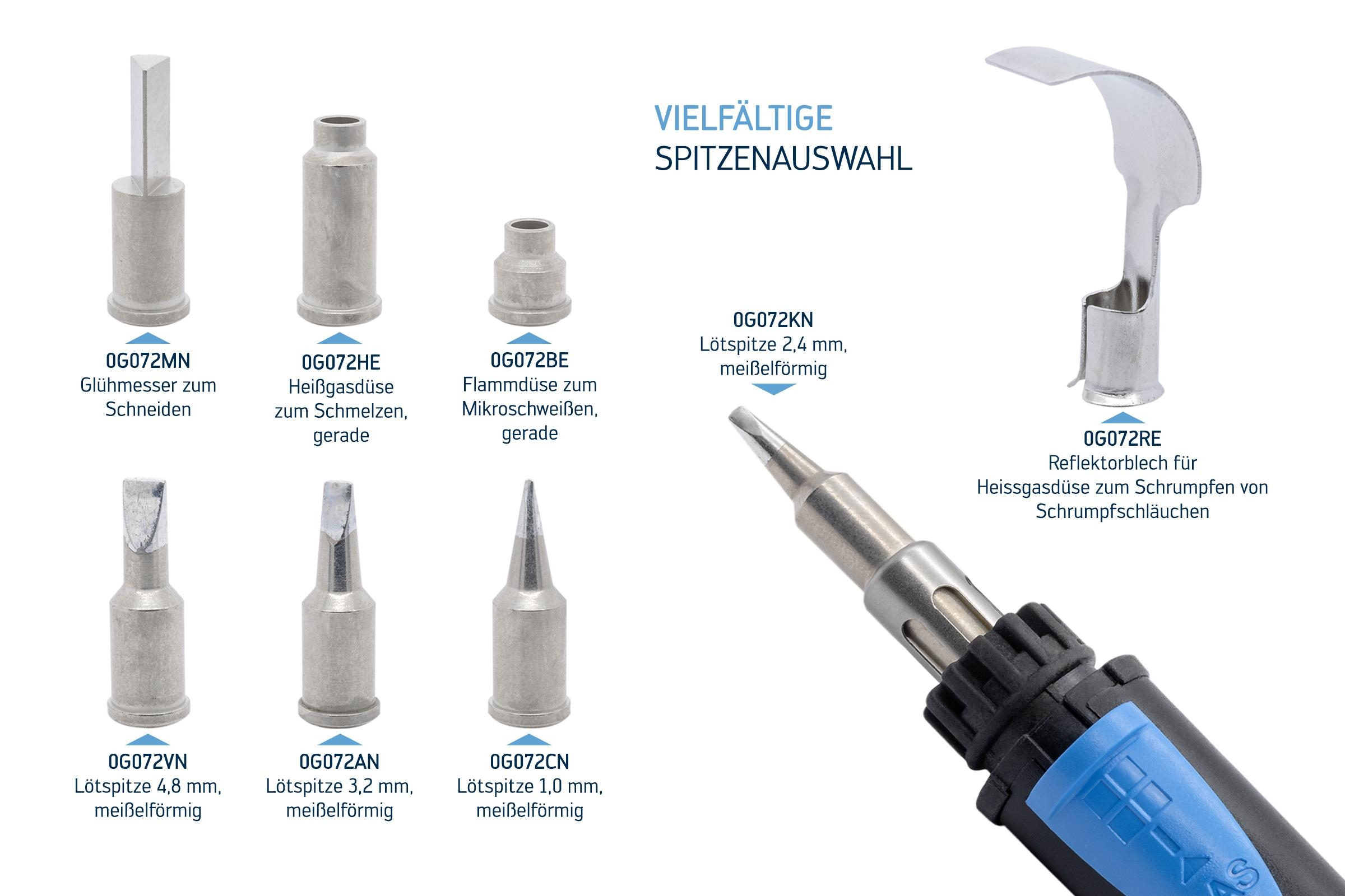 Verschiedene Lötkolbenspitzen und ein Lötkolben.