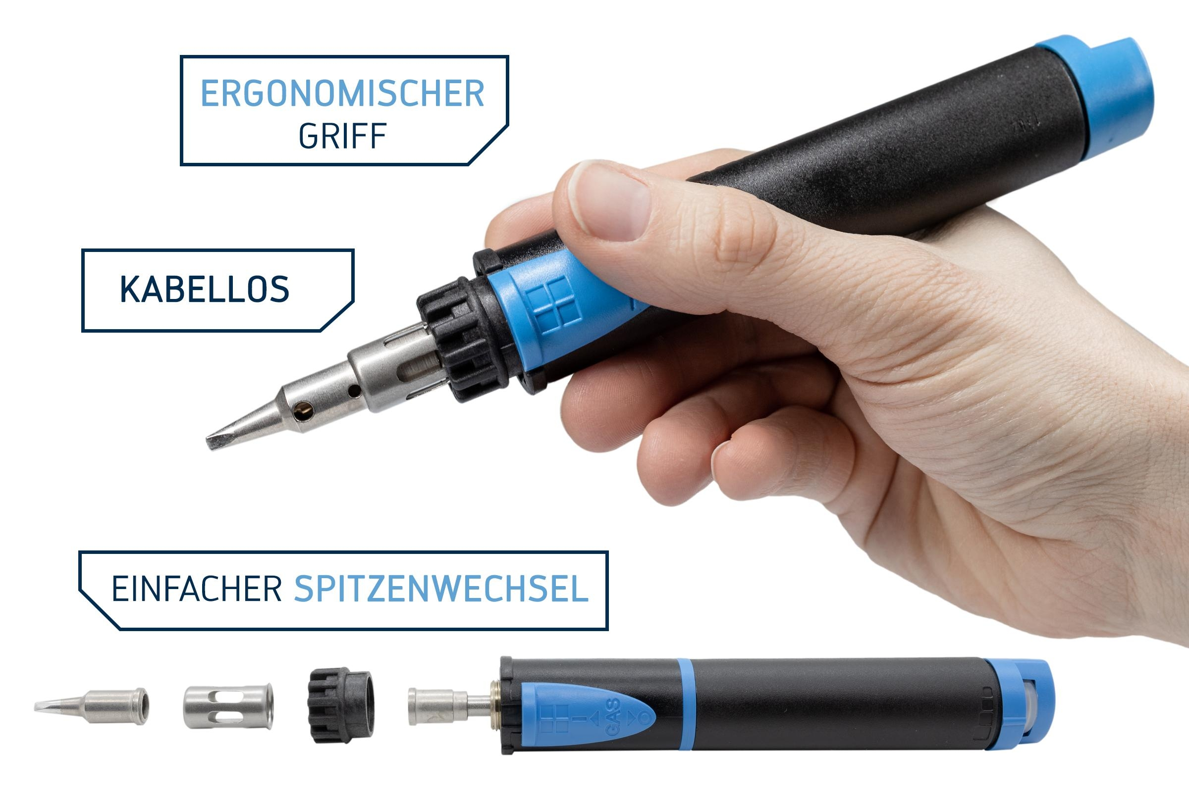 Eine Hand, die einen blau-schwarzen Lötkolben hält. Das Bügeleisen ist zerlegt.