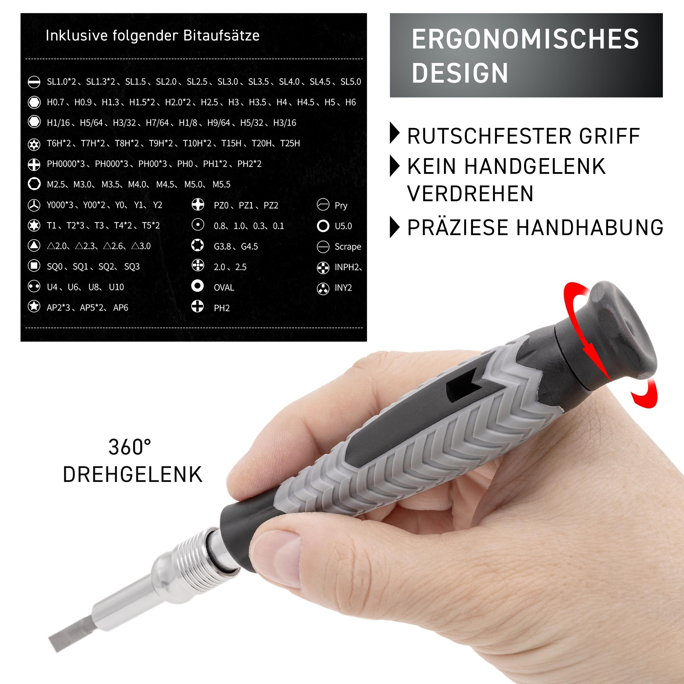 Ein Multi-Bit-Schraubendreher mit grau-schwarzem Griff. Bits sind aufgelistet. Text: Ergonomisches Design.