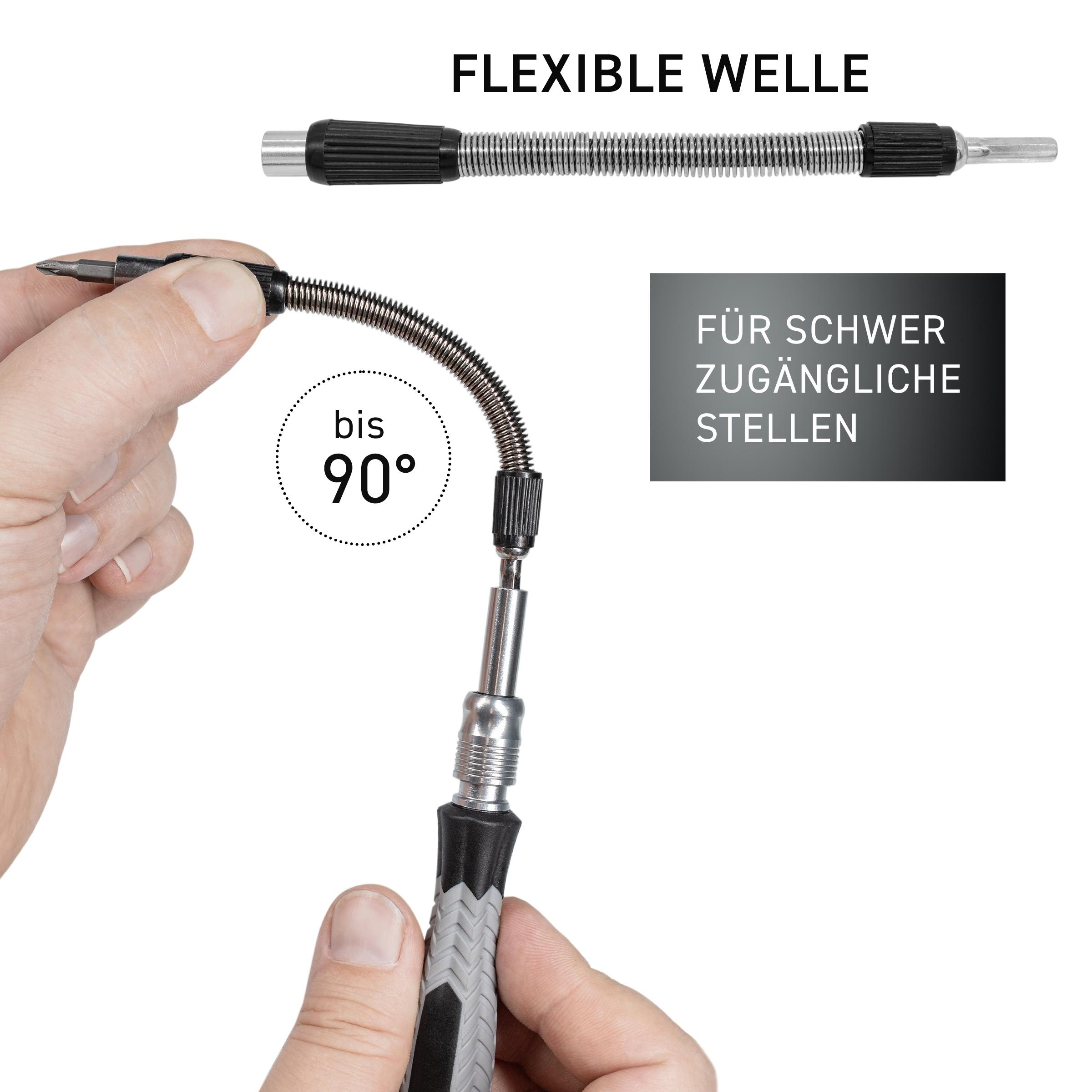 Hände, die eine flexible Welle zum Schrauben verwenden, mit Text.