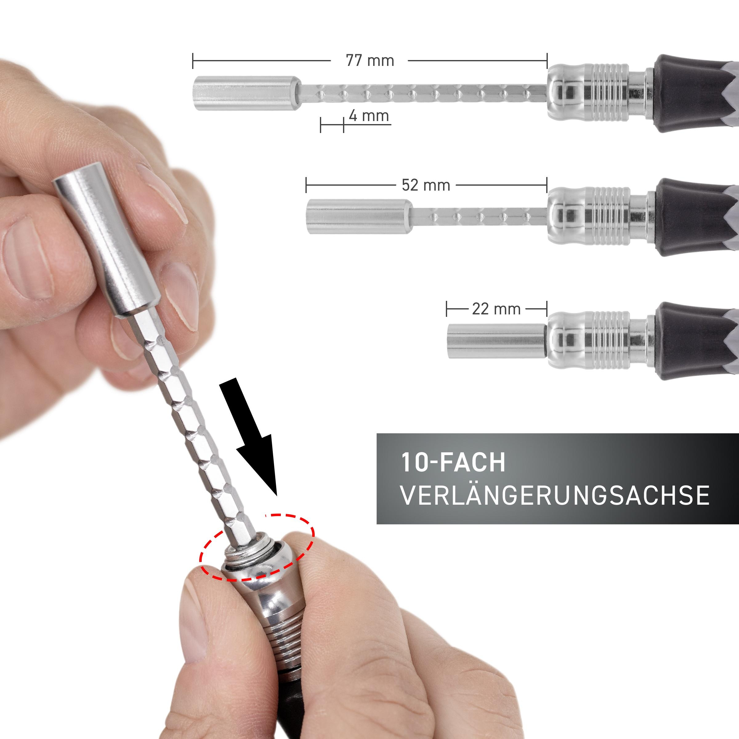 Eine Person befestigt einen Schraubendreherbit an einem Schraubendreher. Messlinien zeigen die Längen der Bits.