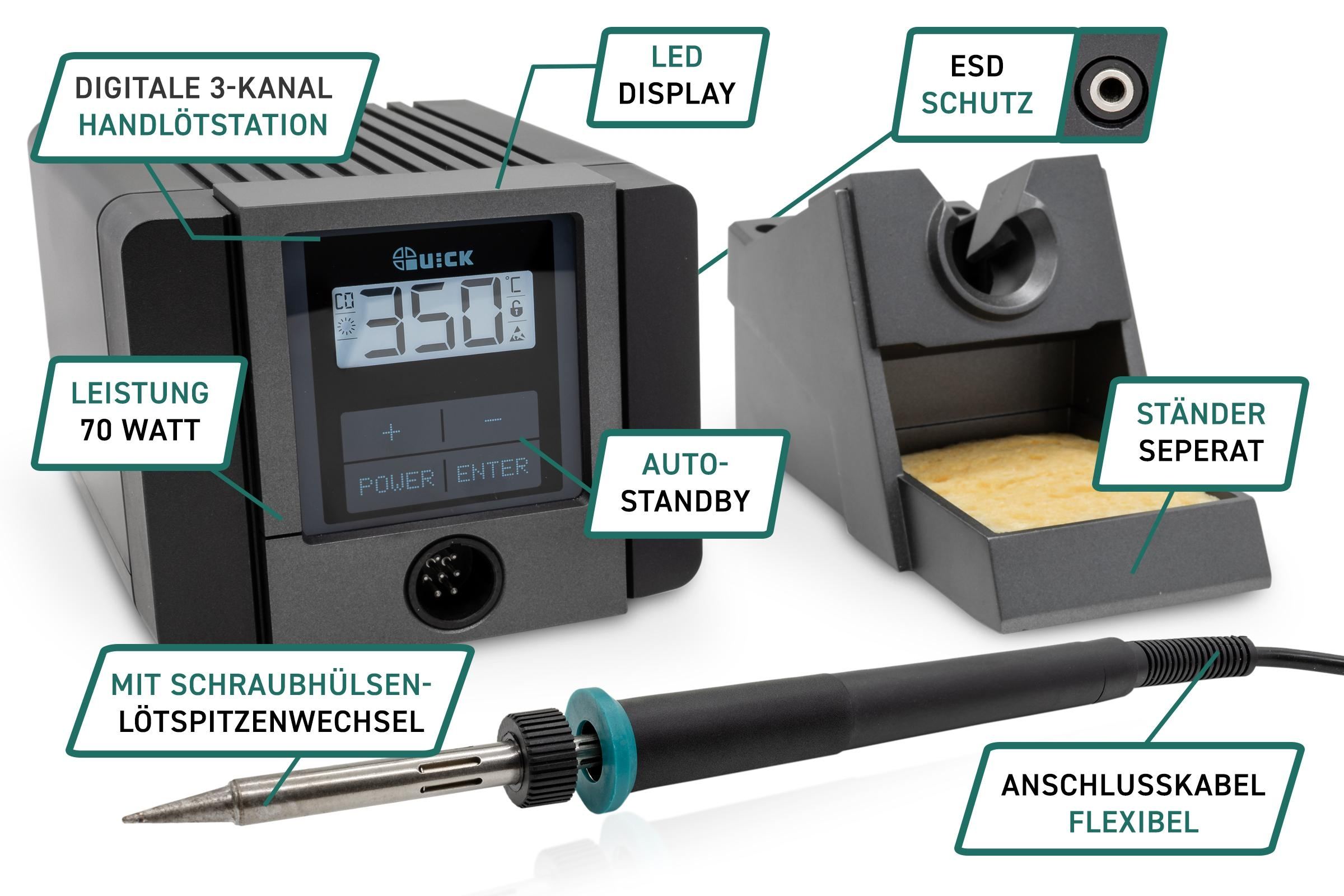 Eine schwarze Lötstation mit Digitalanzeige und angeschlossenem Lötkolben.