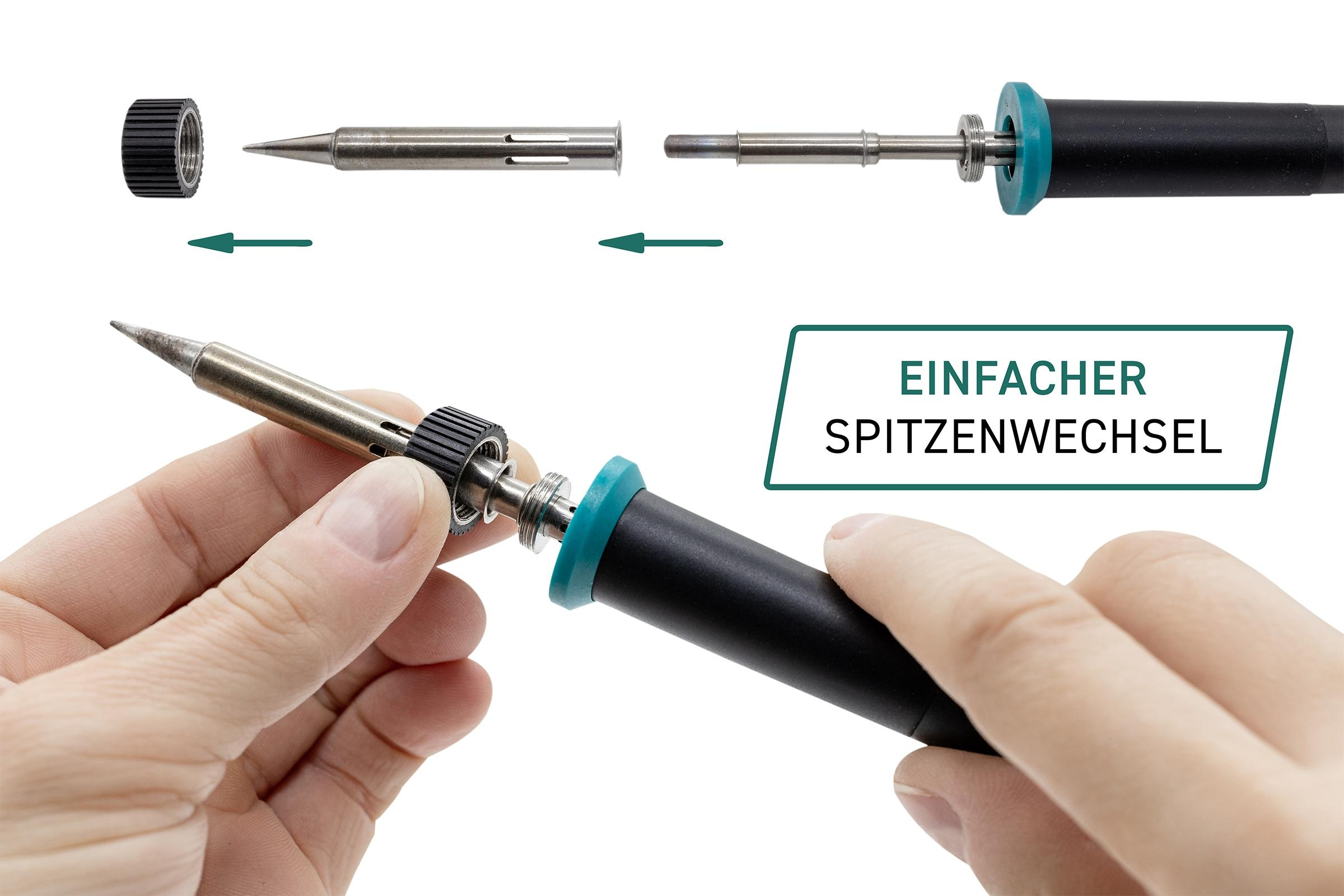 Zerlegter Lötkolben, mit austauschbarer Spitze und Anleitung auf Deutsch.