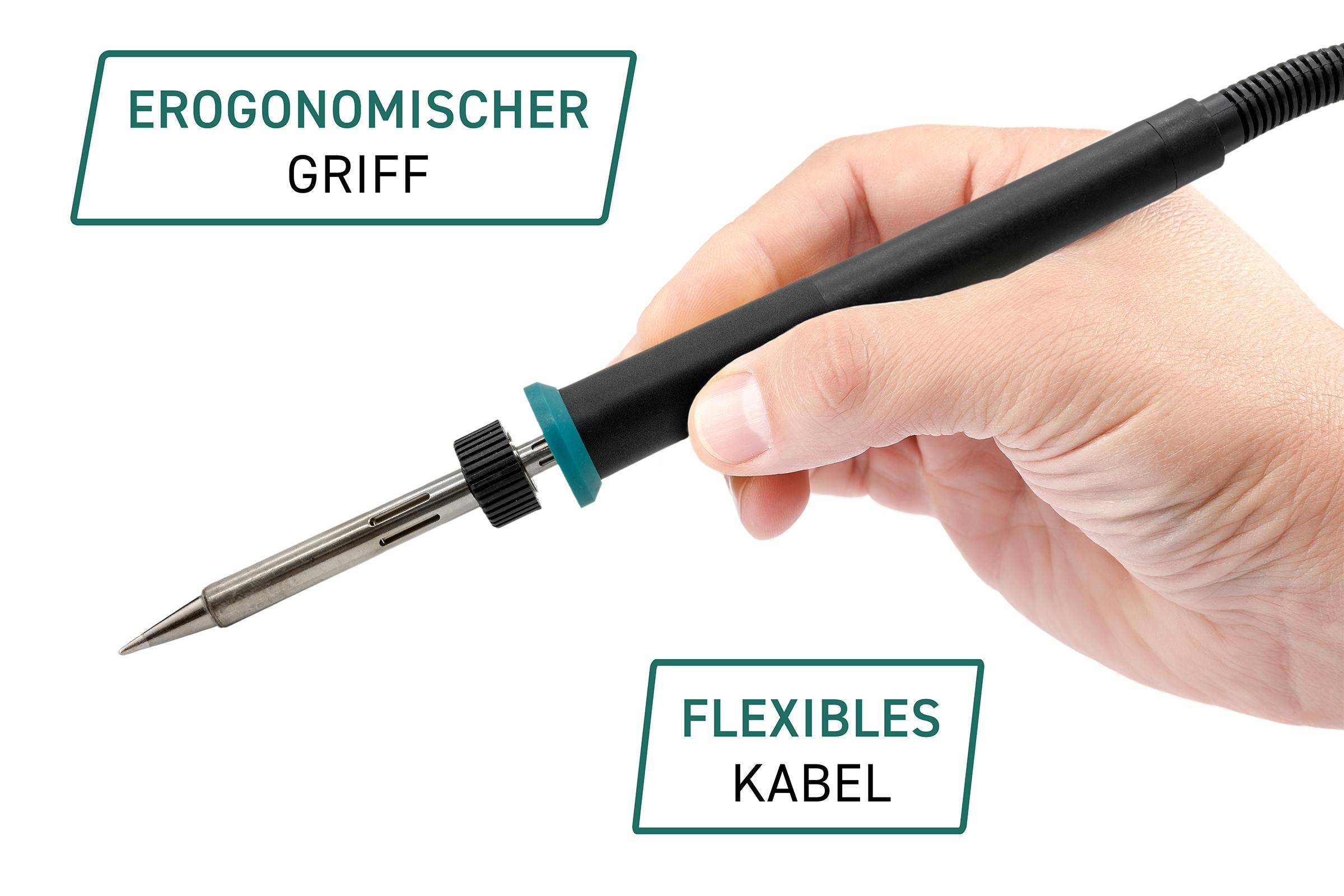 Eine Hand, die einen Lötkolben mit schwarzem Griff und flexiblem Kabel hält. Textbeschriftungen sind hinzugefügt.