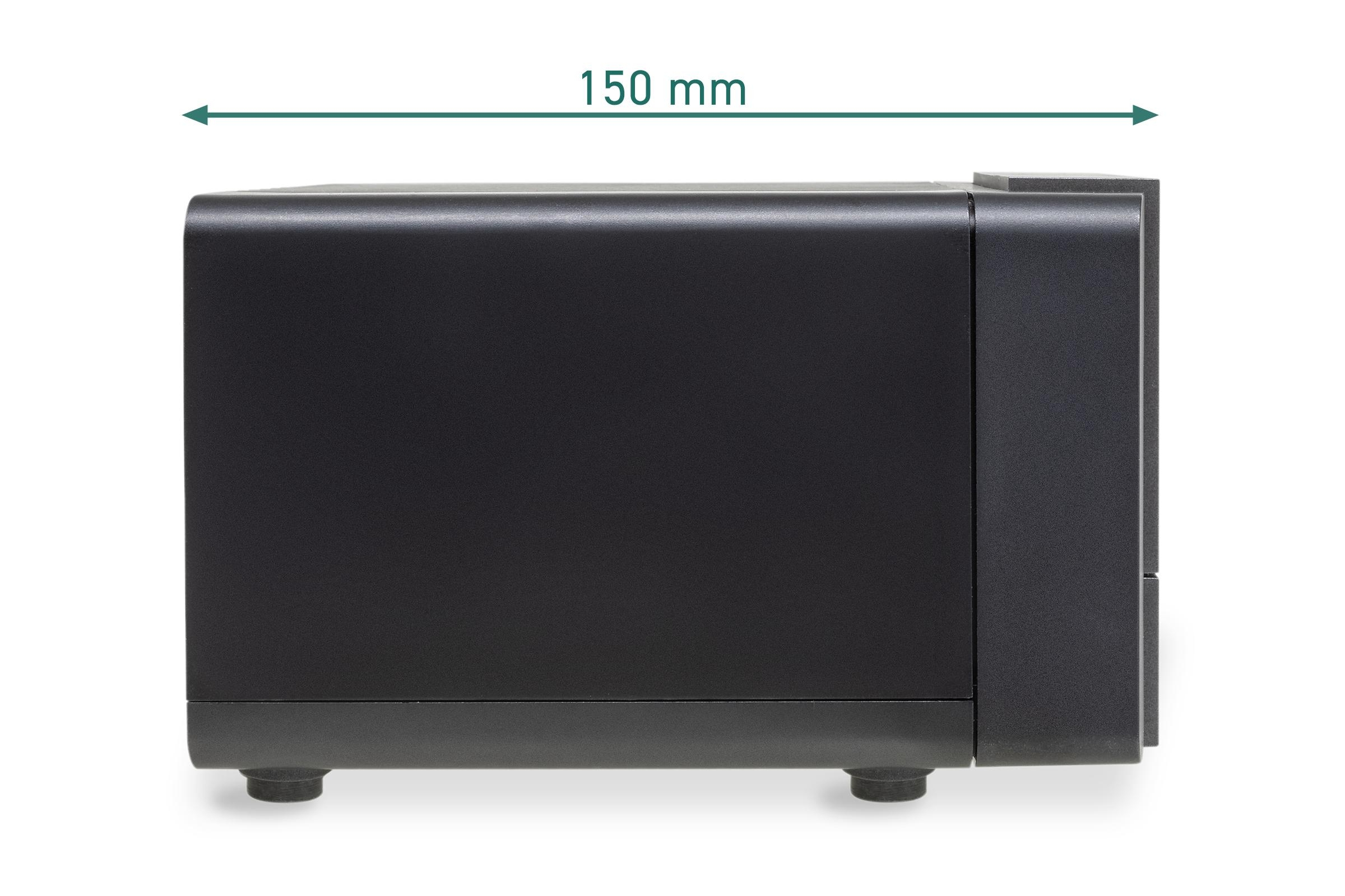Schwarzes Gerät, 150 mm breit. Seitenansicht, mit einer kleinen Öffnung auf der rechten Seite.