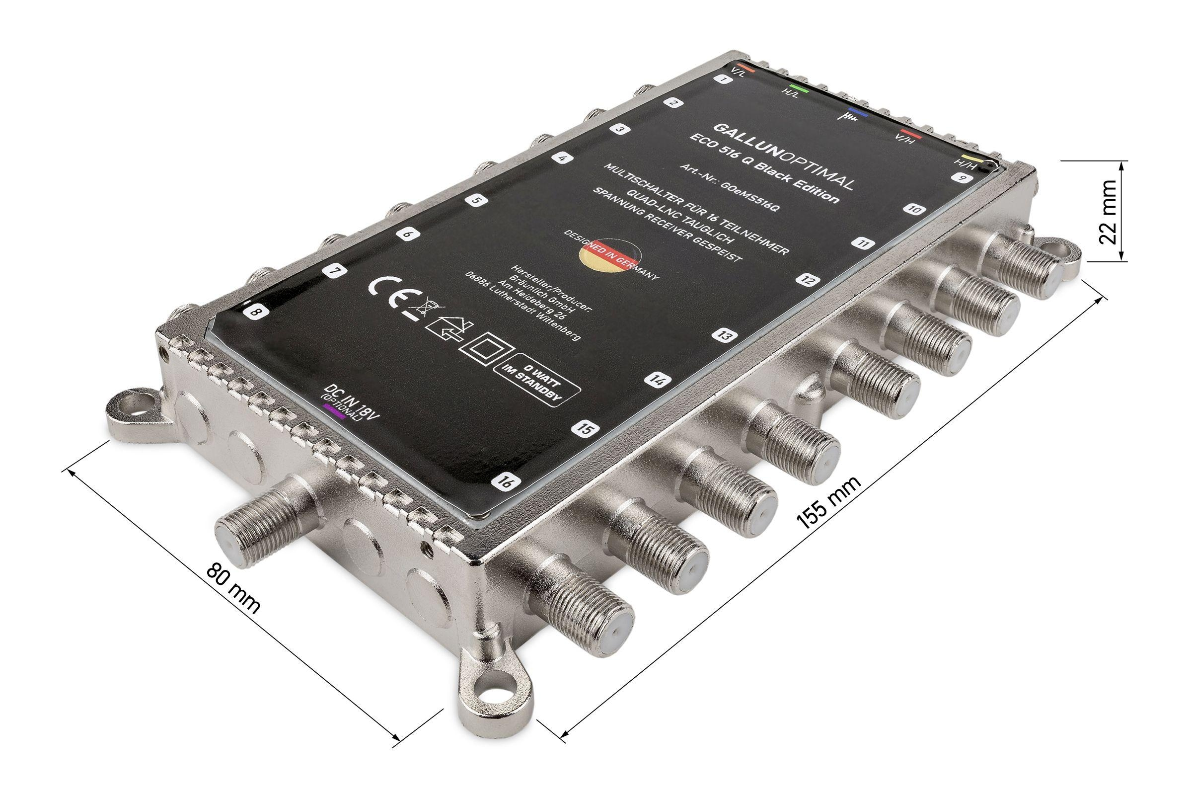 Silber-schwarzes Multi-Switch-Gerät mit Abmessungen. Enthält mehrere Ein-/Ausgangsanschlüsse.