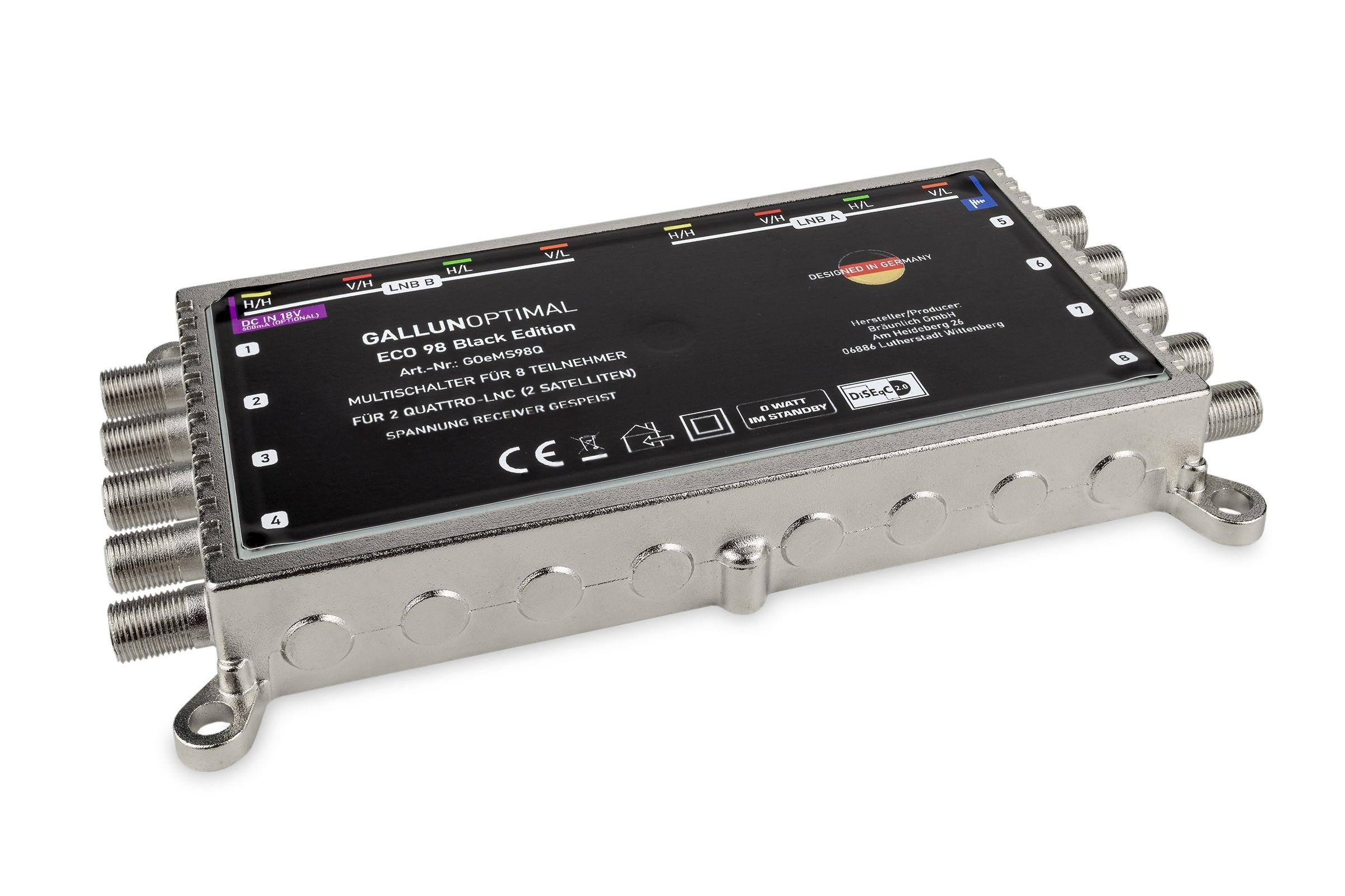 Silberne Satelliten-Multischalterbox mit mehreren Ein- und Ausgängen.