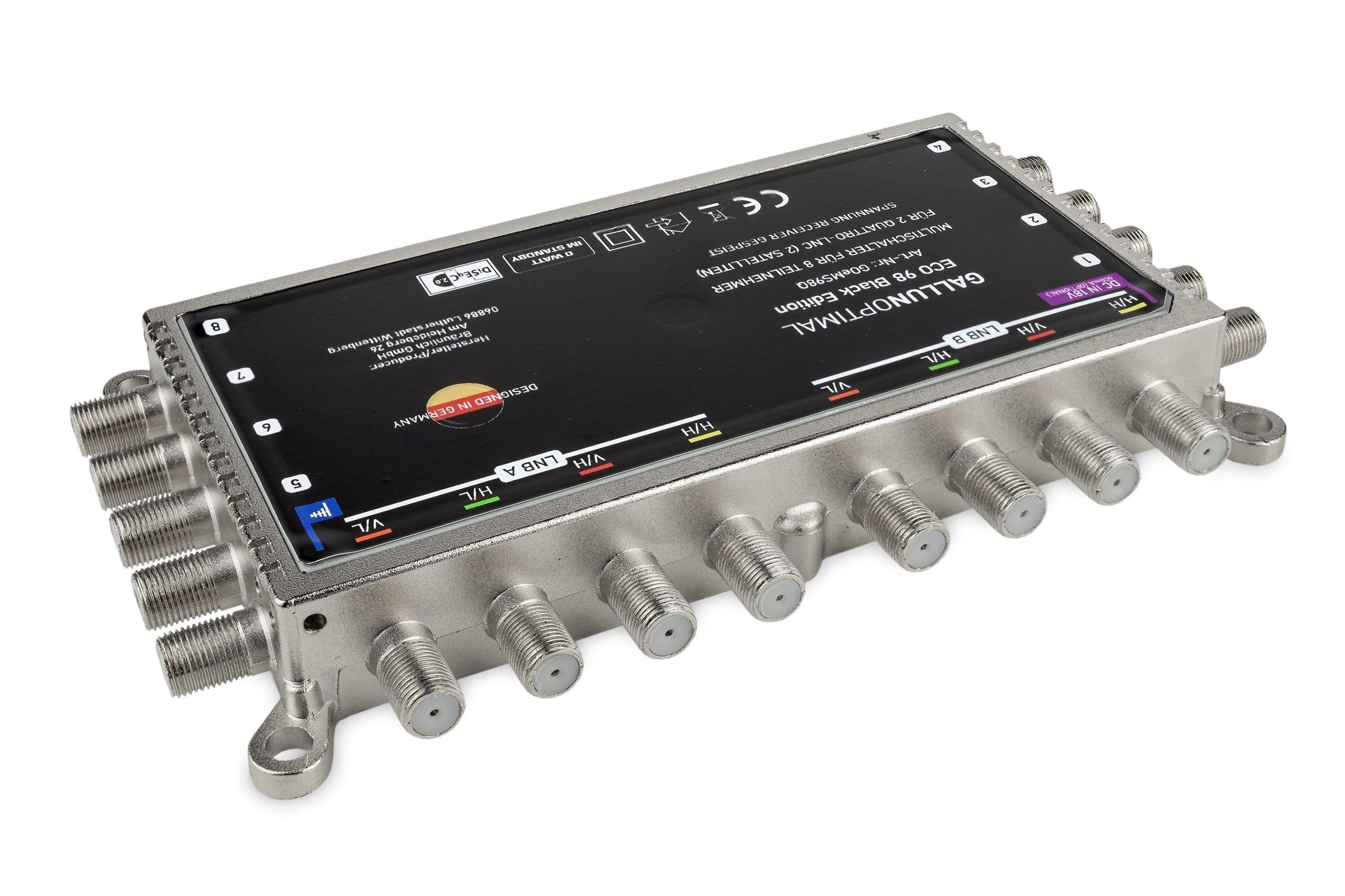 Silbernes Multi-Switch-Gerät mit mehreren Ein-/Ausgängen, schwarzes Oberteil.