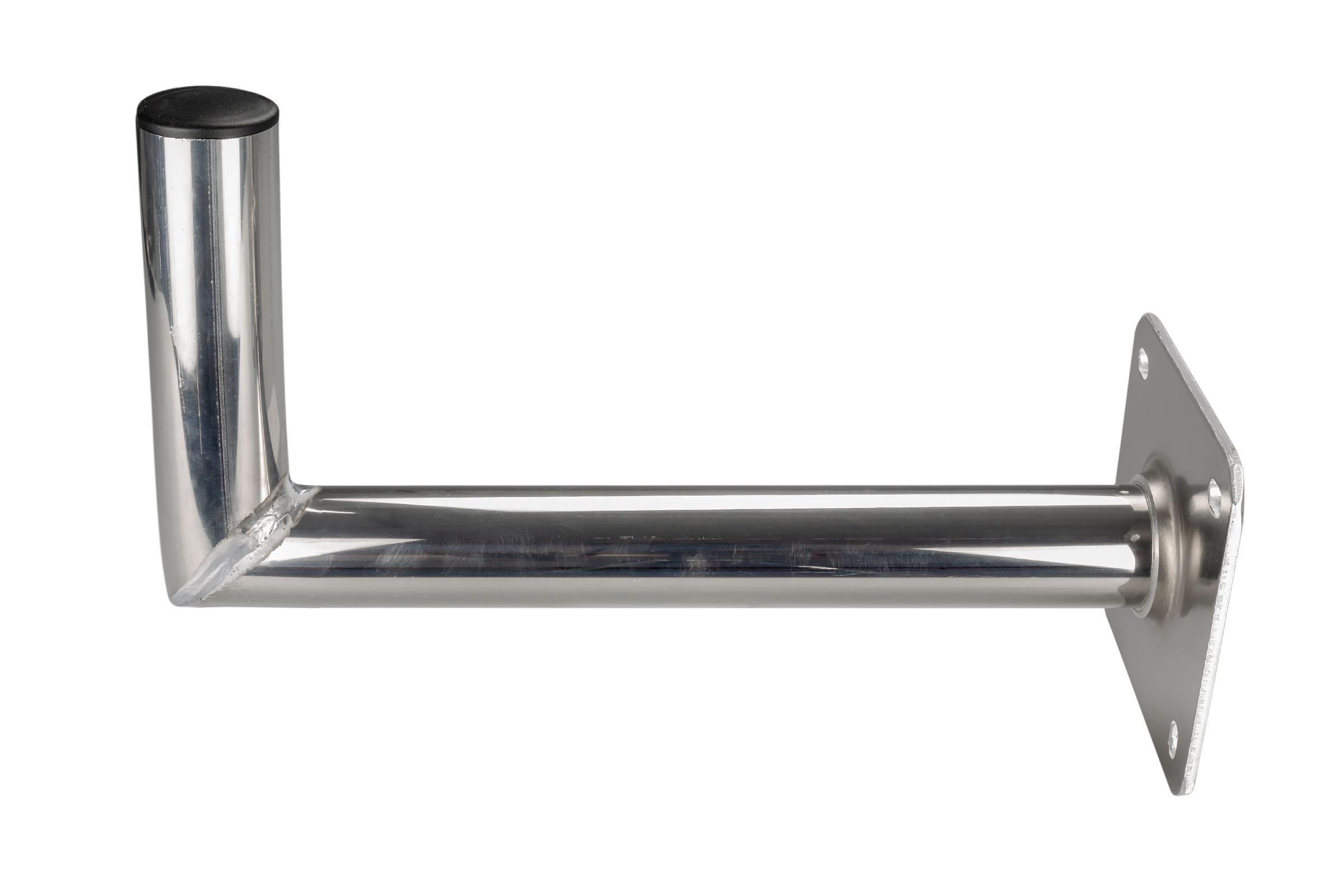 Eine silberne Metallhalterung mit einem vertikalen Zylinder und einem horizontalen Arm, montiert auf einer weißen Oberfläche.