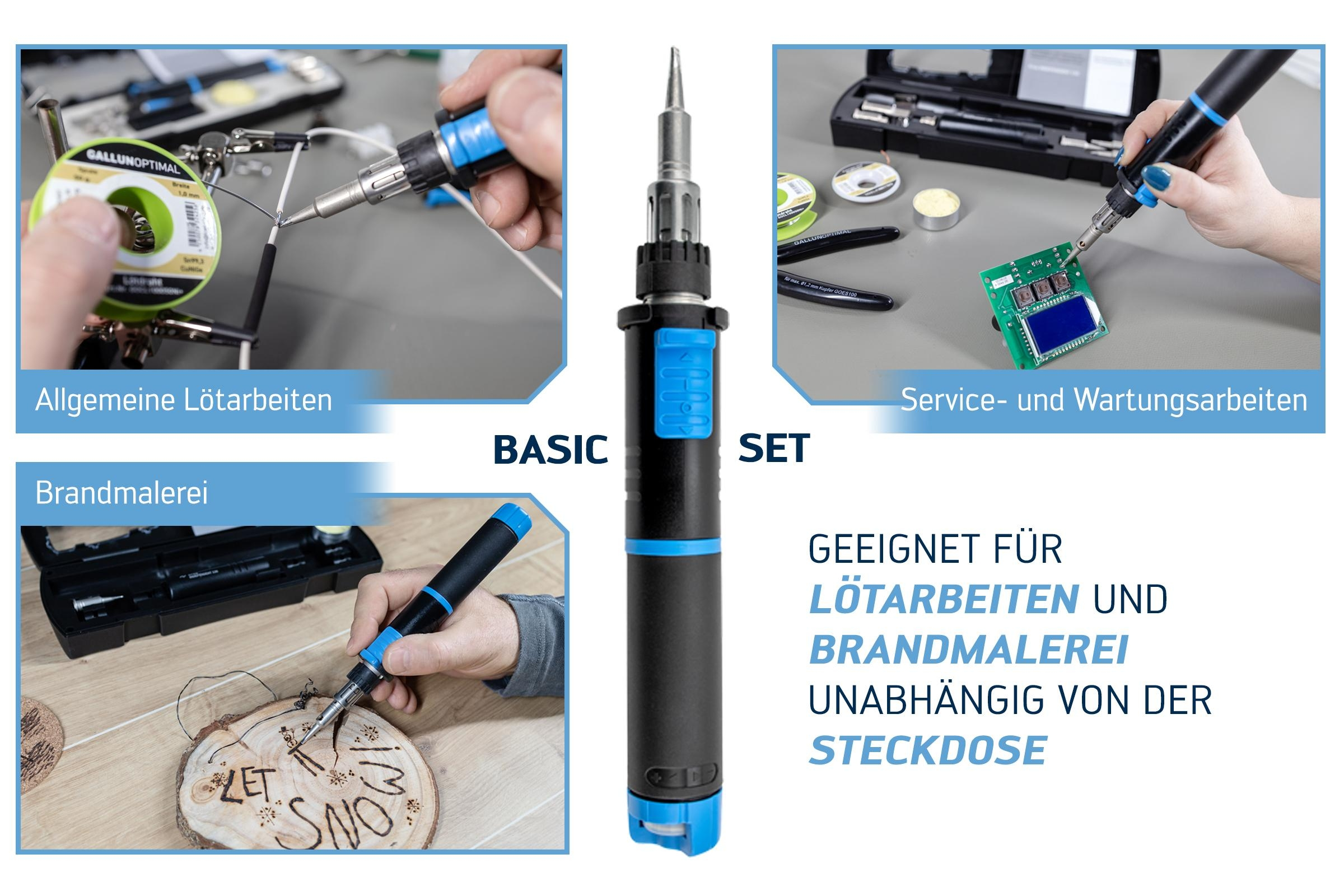 Lötkolben mit Zubehör für verschiedene Aufgaben, einschließlich Brandmalerei.