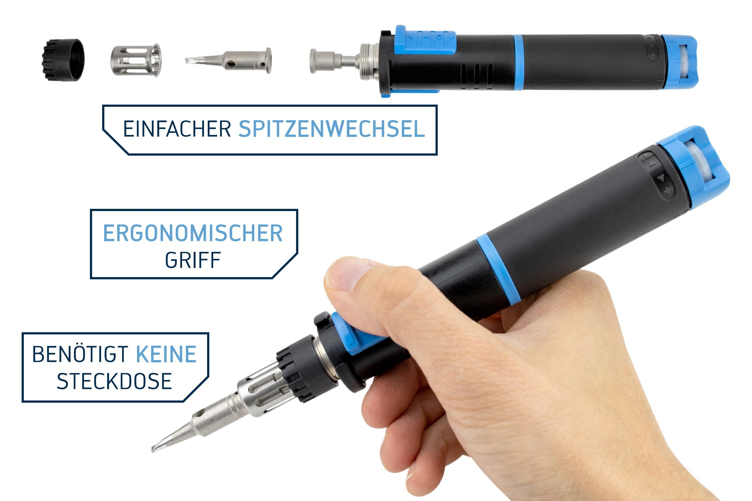 Lötkolben mit blauen Akzenten, der von einer Hand gehalten wird, mit Komponenten darüber. Textbeschriftungen.