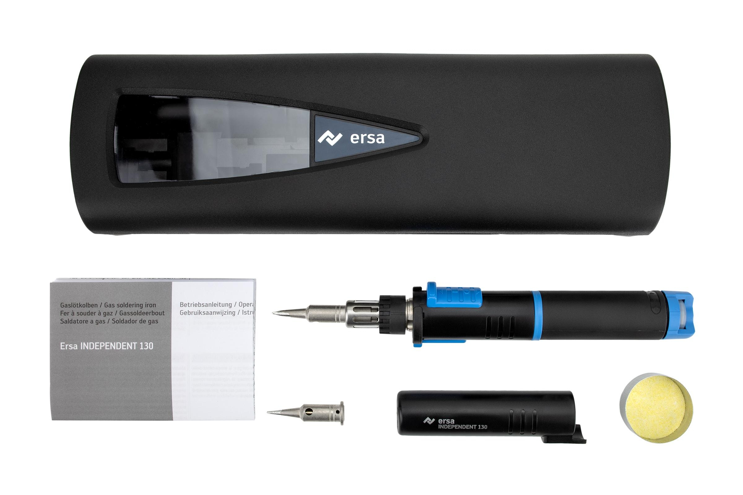 Lötkolben-Set. Ein schwarzes Etui enthält einen Lötkolben, Ersatzspitzen und einen kleinen Schwamm.