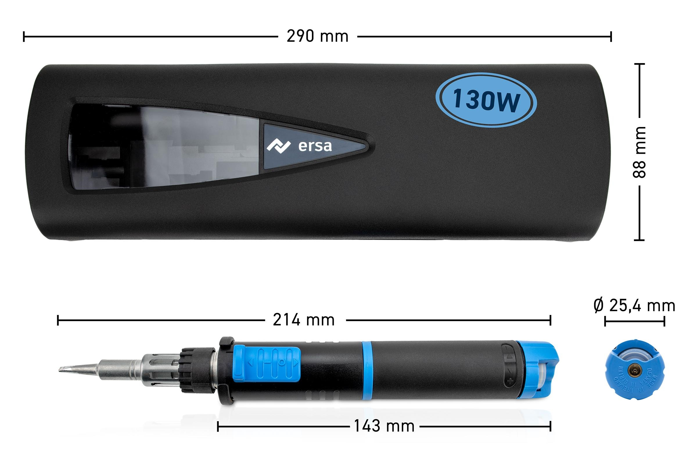 Ein schwarzer Lötkolben und ein schwarzes Gehäuse mit Maßangaben. Auf dem Gehäuse befindet sich ein blaues 130W-Etikett.
