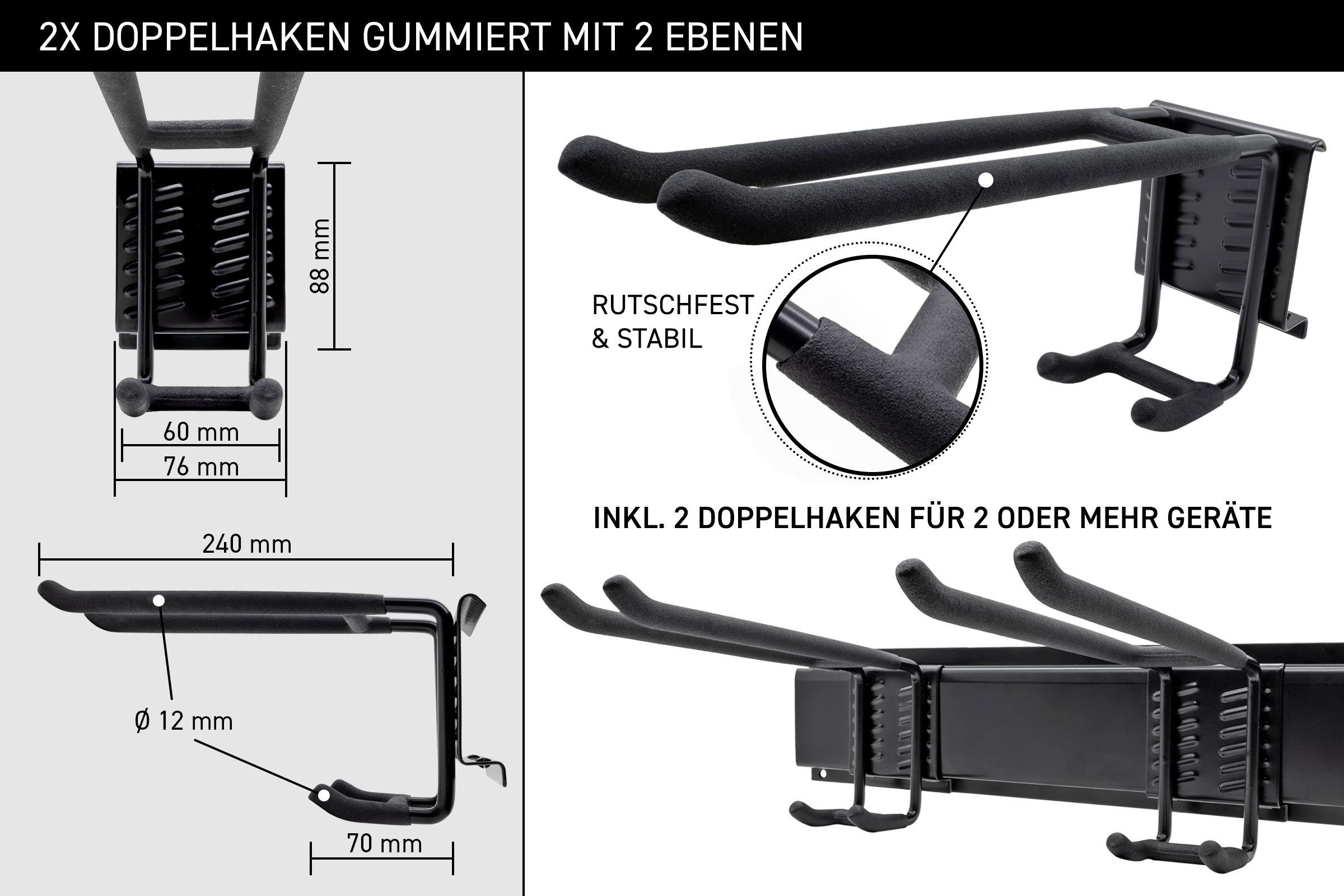 Schwarze, verstellbare Garagenhaken mit gummierten Griffen, verschiedene Ansichten und Maße.