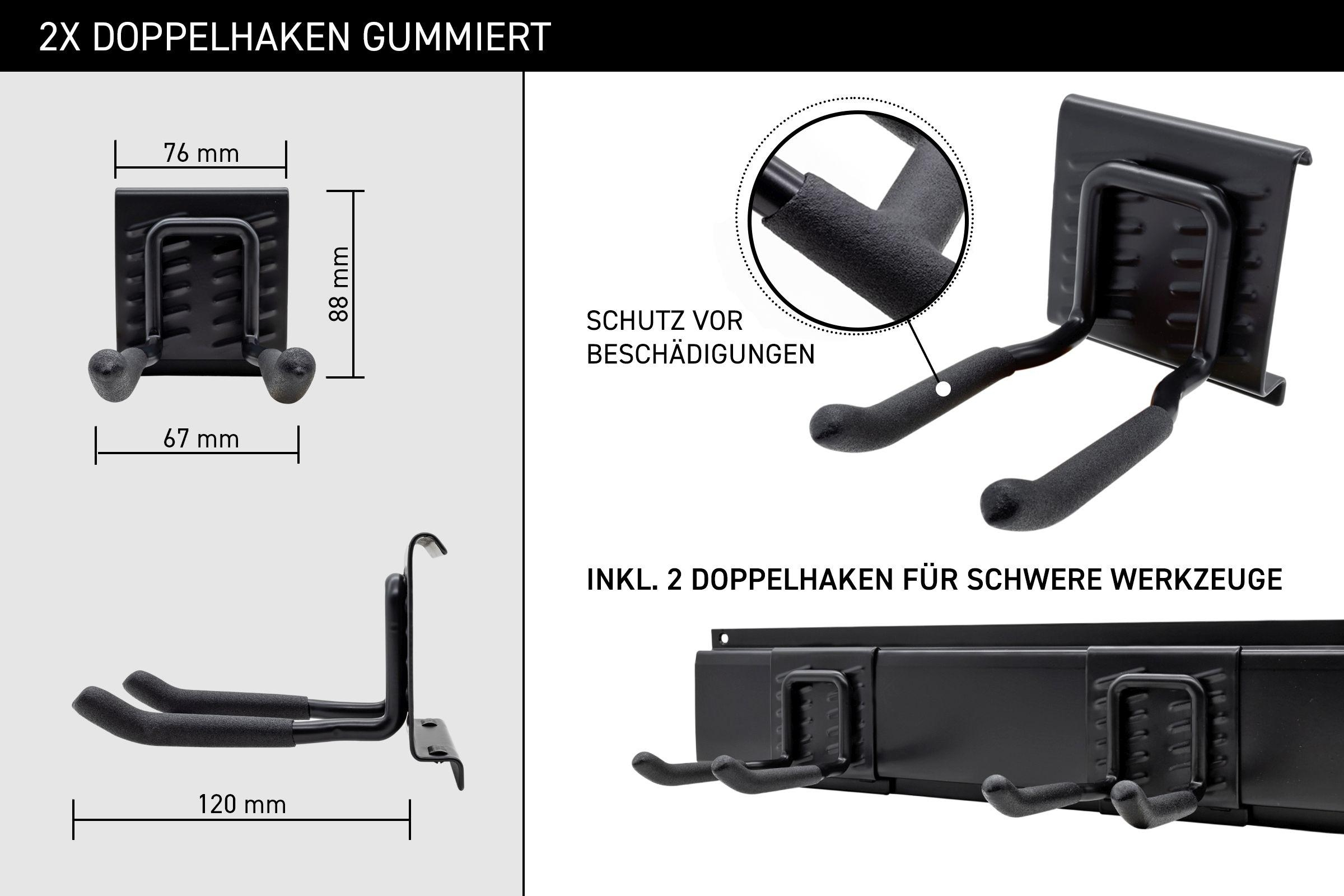 Schwarz Wand-Doppelhaken. Sie haben gummierte Griffe für Werkzeuge und sind dimensioniert.