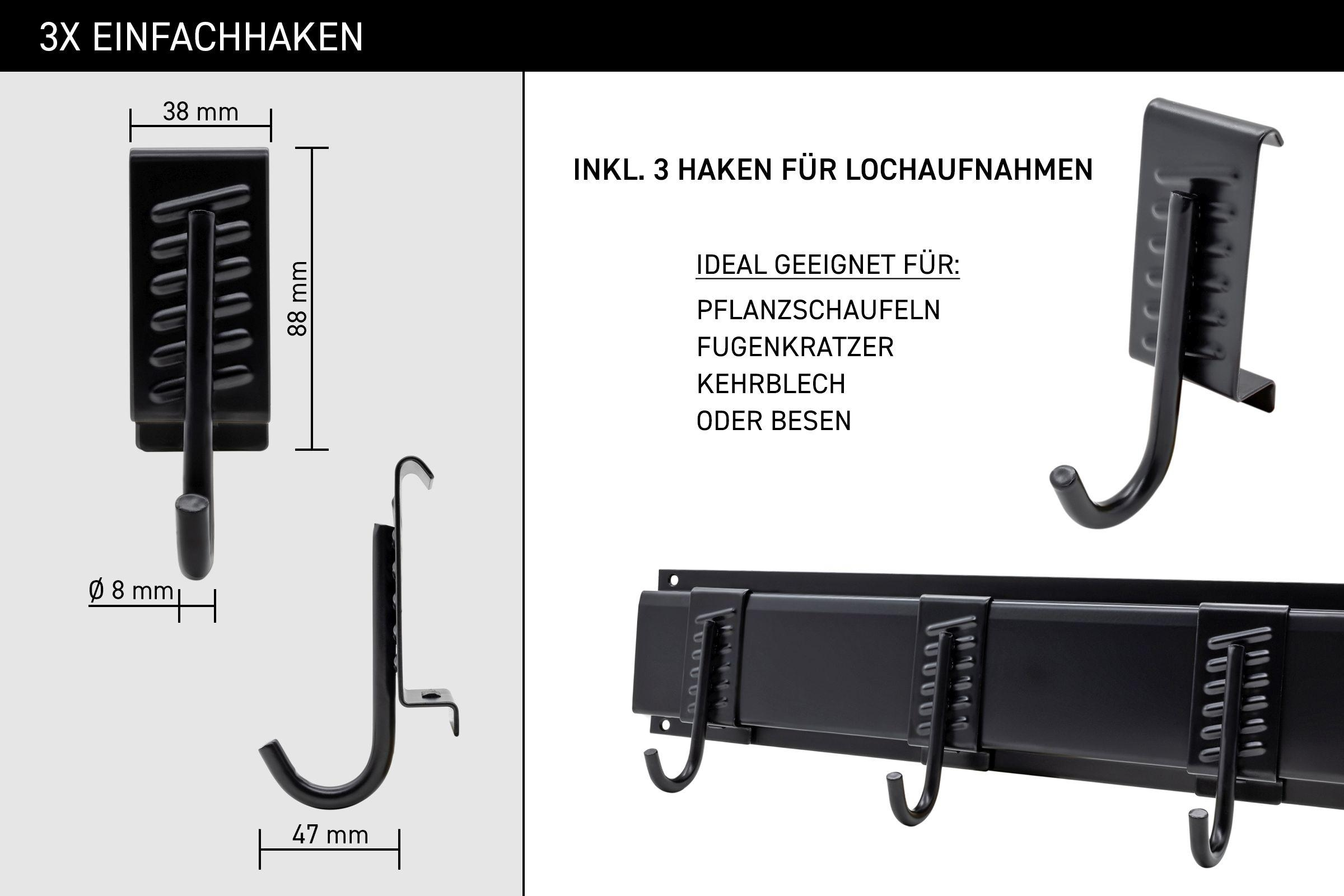 Schwarze Metallhaken mit Abmessungen und Text. Drei Haken für Pflanzwerkzeuge und Besen.