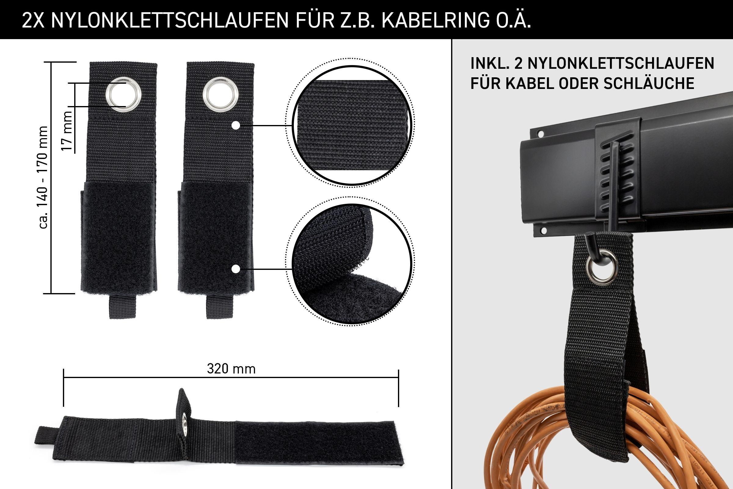 Schwarze Nylonbänder für Kabel. Inklusive Klettverschluss und Metallösen. Text: 2x Nylon-Kabelschlaufen.