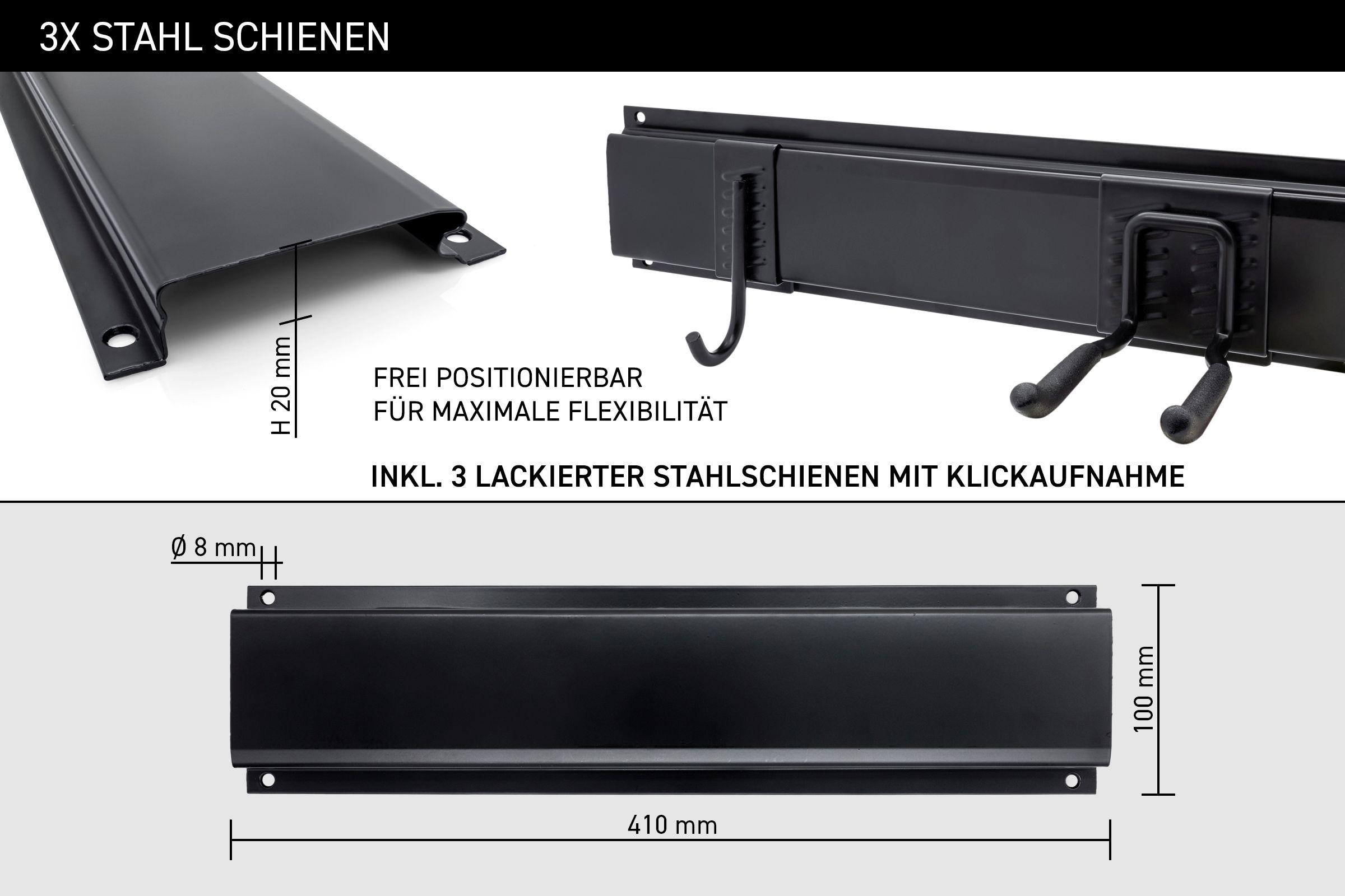 Schwarze Metallschienen mit Maßen und Haken. Deutscher Text über Flexibilität und Montage.