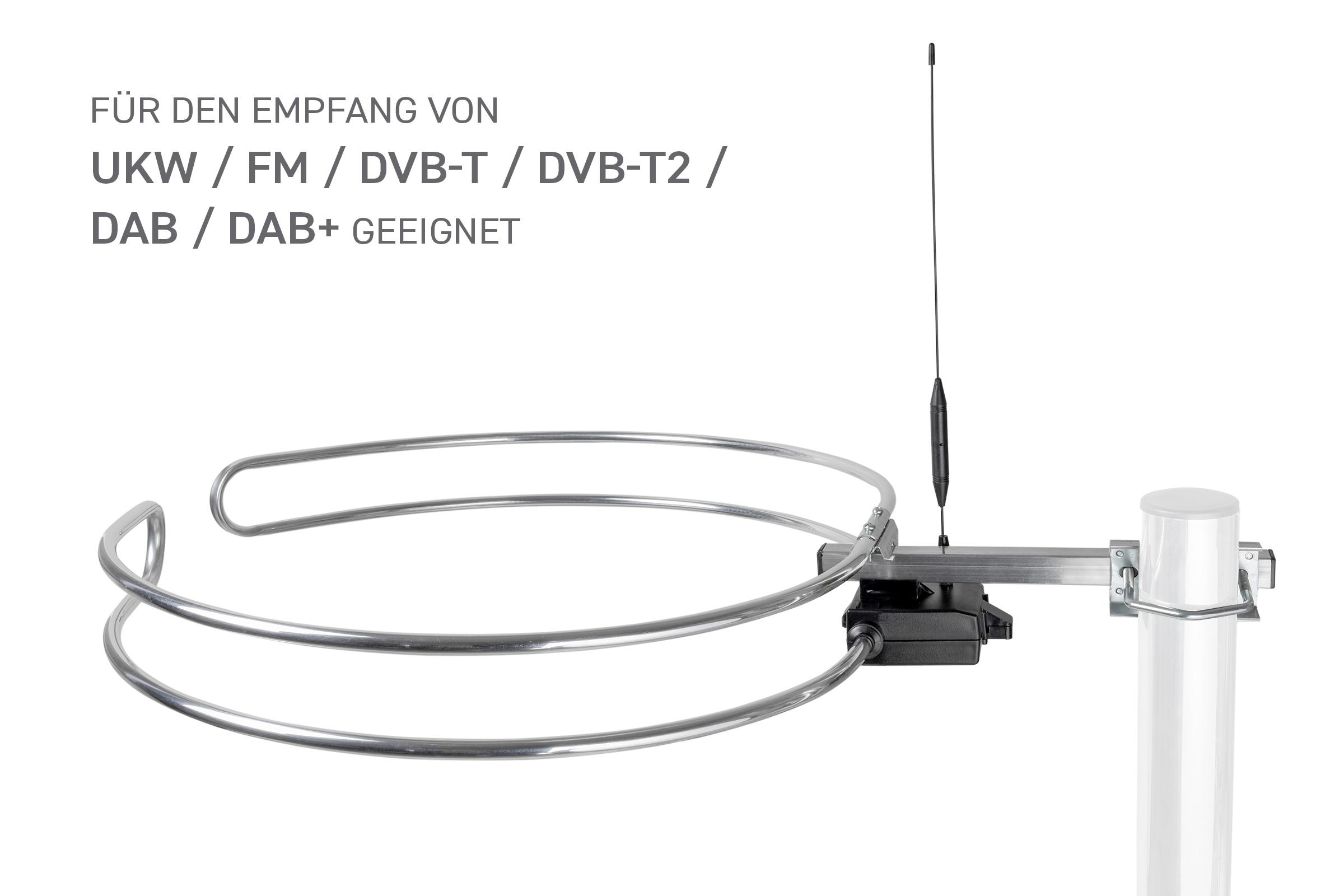 Antenne mit Metallringen und Stab für DAB/FM/TV-Empfang, montiert auf Pfosten.