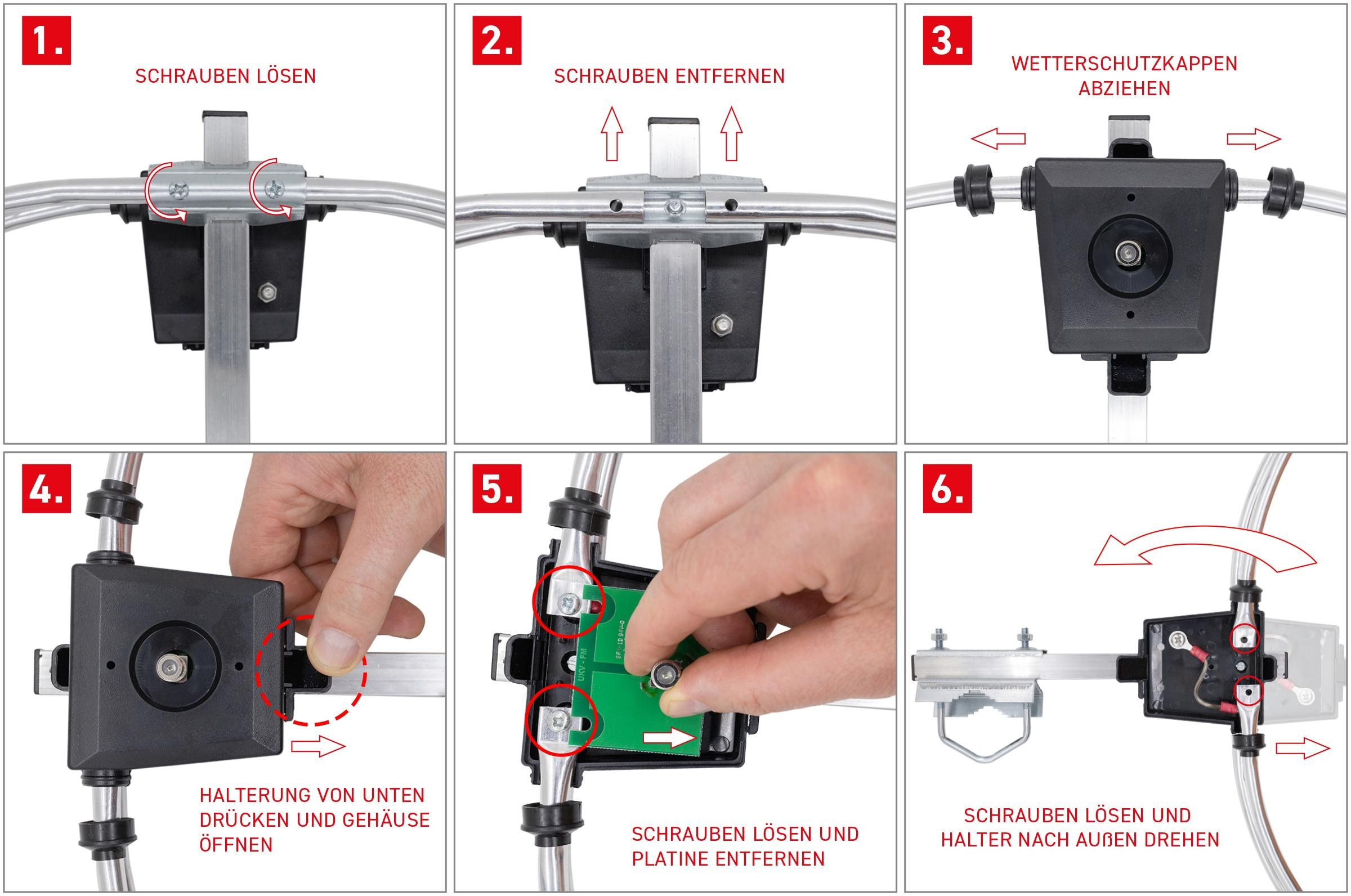 Schritt-für-Schritt-Anleitung zum Zerlegen eines Geräts mit Schrauben und Platinen.