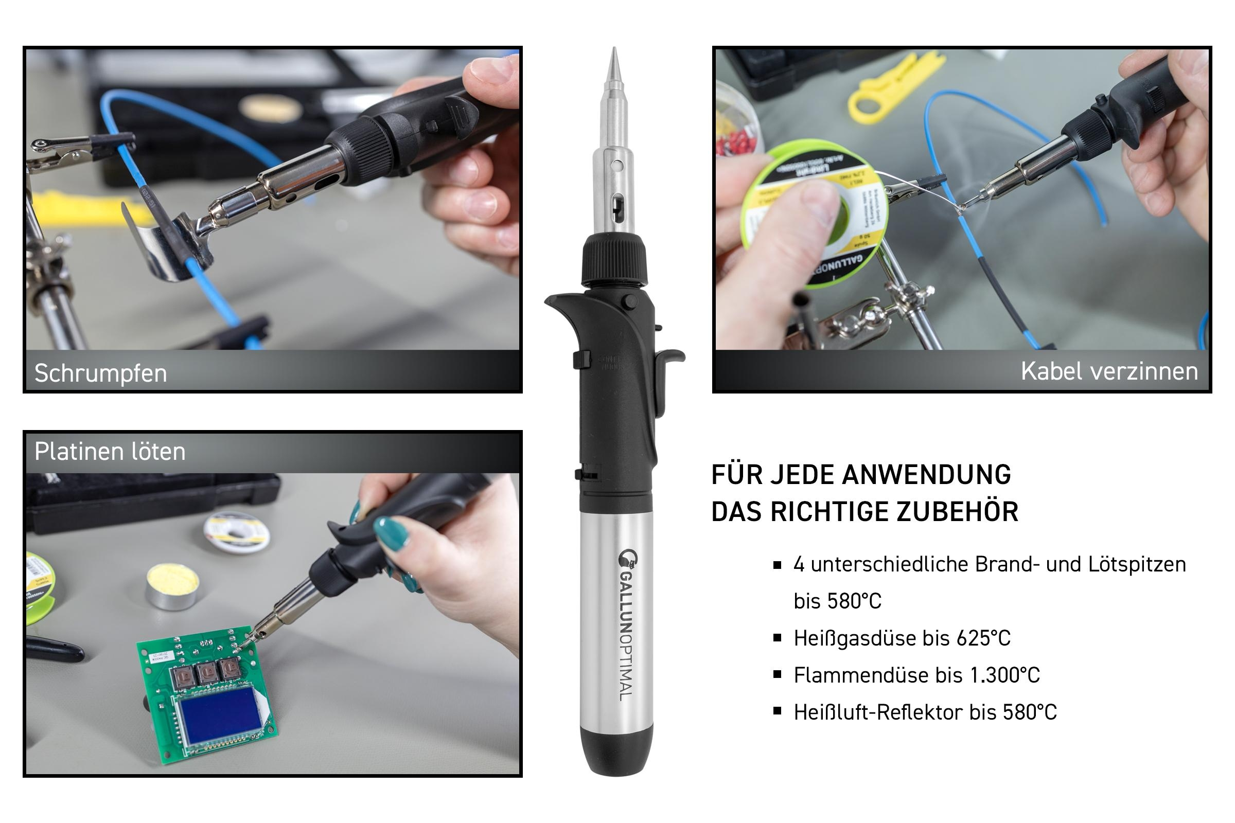 Lötstation-Setup mit Werkzeugen und Komponenten, die verschiedene Lötvorgänge zeigen.