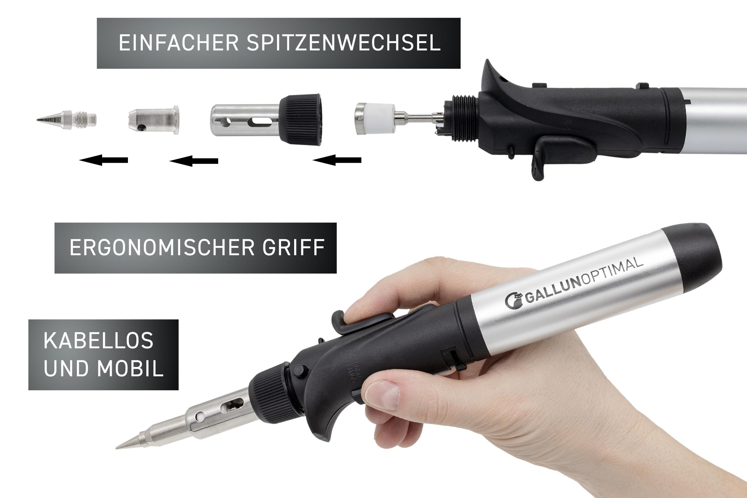 Lötkolben mit zerlegten Teilen. Eine Hand hält den montierten Kolben.