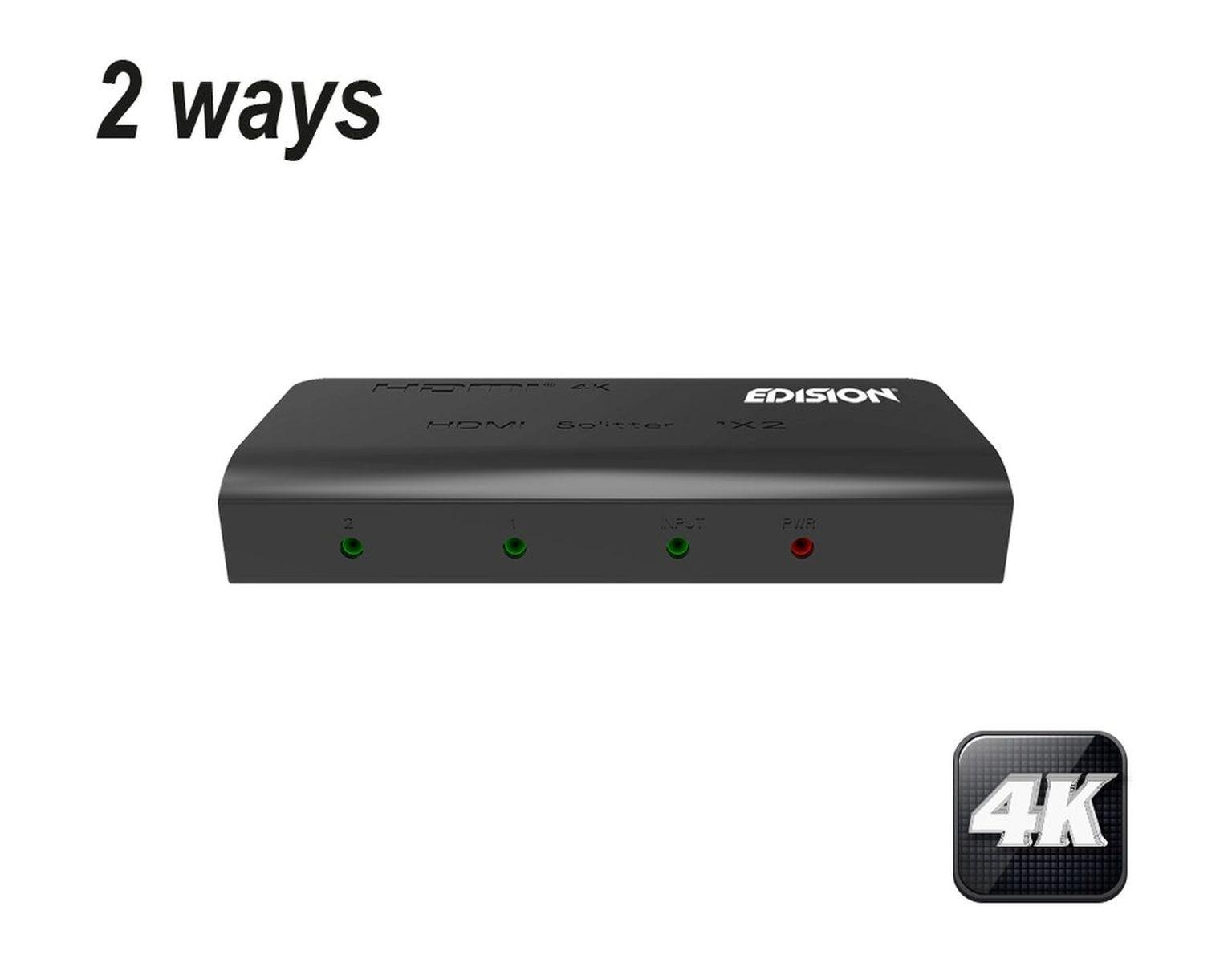Schwarzer HDMI-Splitter mit 2 Ausgängen, Eingang und Stromversorgung.