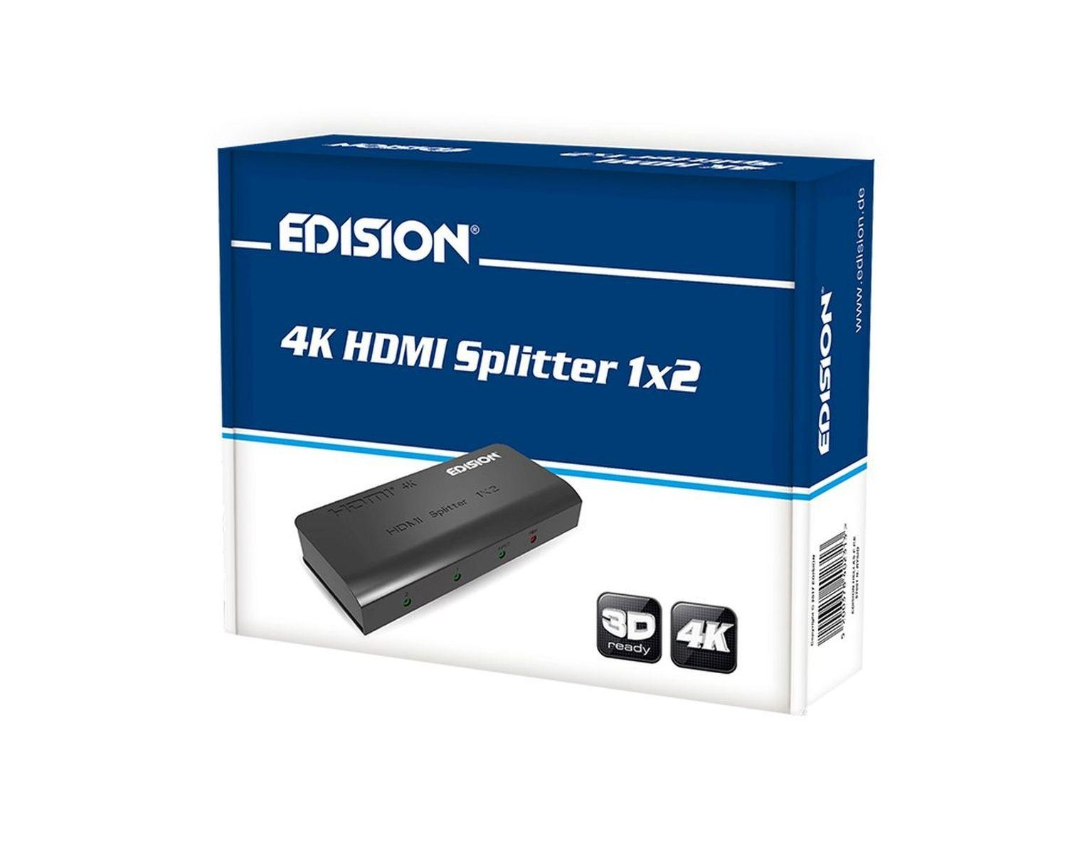 Eine blau-weiße Box mit einem schwarzen HDMI-Splitter. Text: 4K HDMI Splitter 1x2, EDISION.