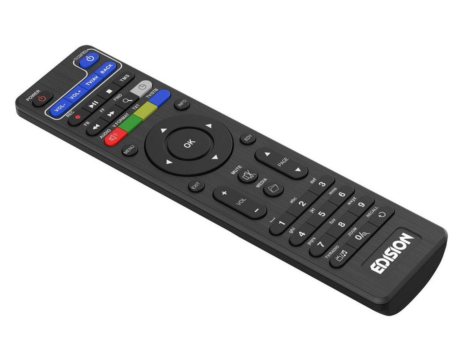 Schwarze TV-Fernbedienung mit mehreren Tasten, Markenname EDISION.