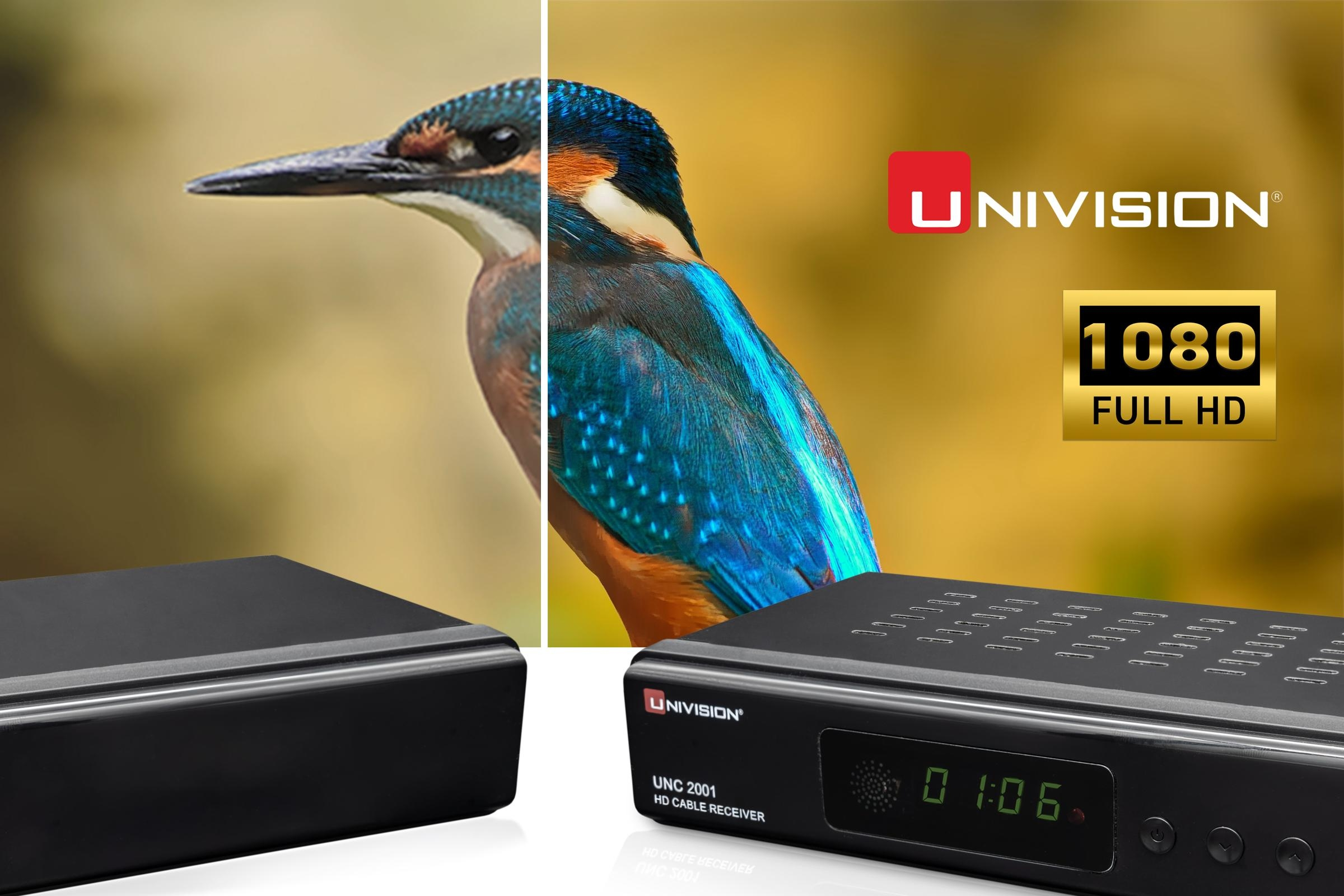 TV-Receiver, der ein Vogelbild auf einem Fernsehbildschirm zeigt. Logos für UNIVISION und 1080 FULL HD sind sichtbar.