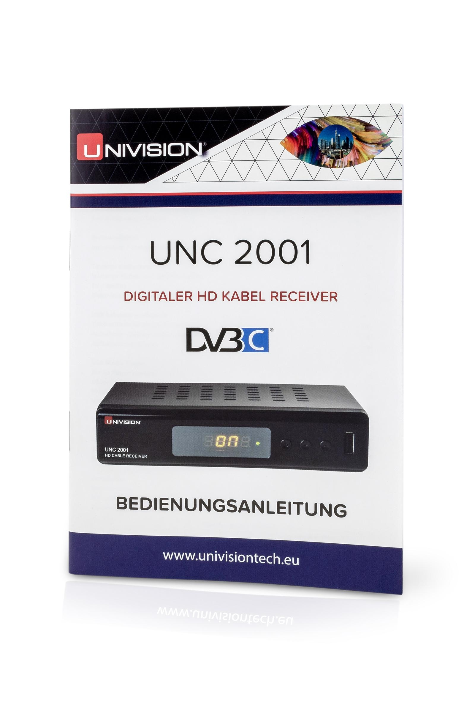 Ein Handbuch eines digitalen HD-Kabelreceivers, mit einer schwarzen Receiver-Box auf weißem Hintergrund.